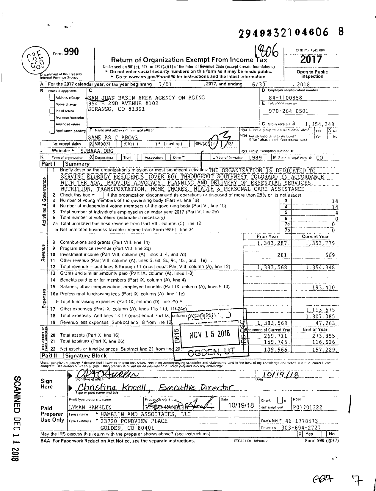 Image of first page of 2017 Form 990 for San Juan Basin Area Agency on Aging