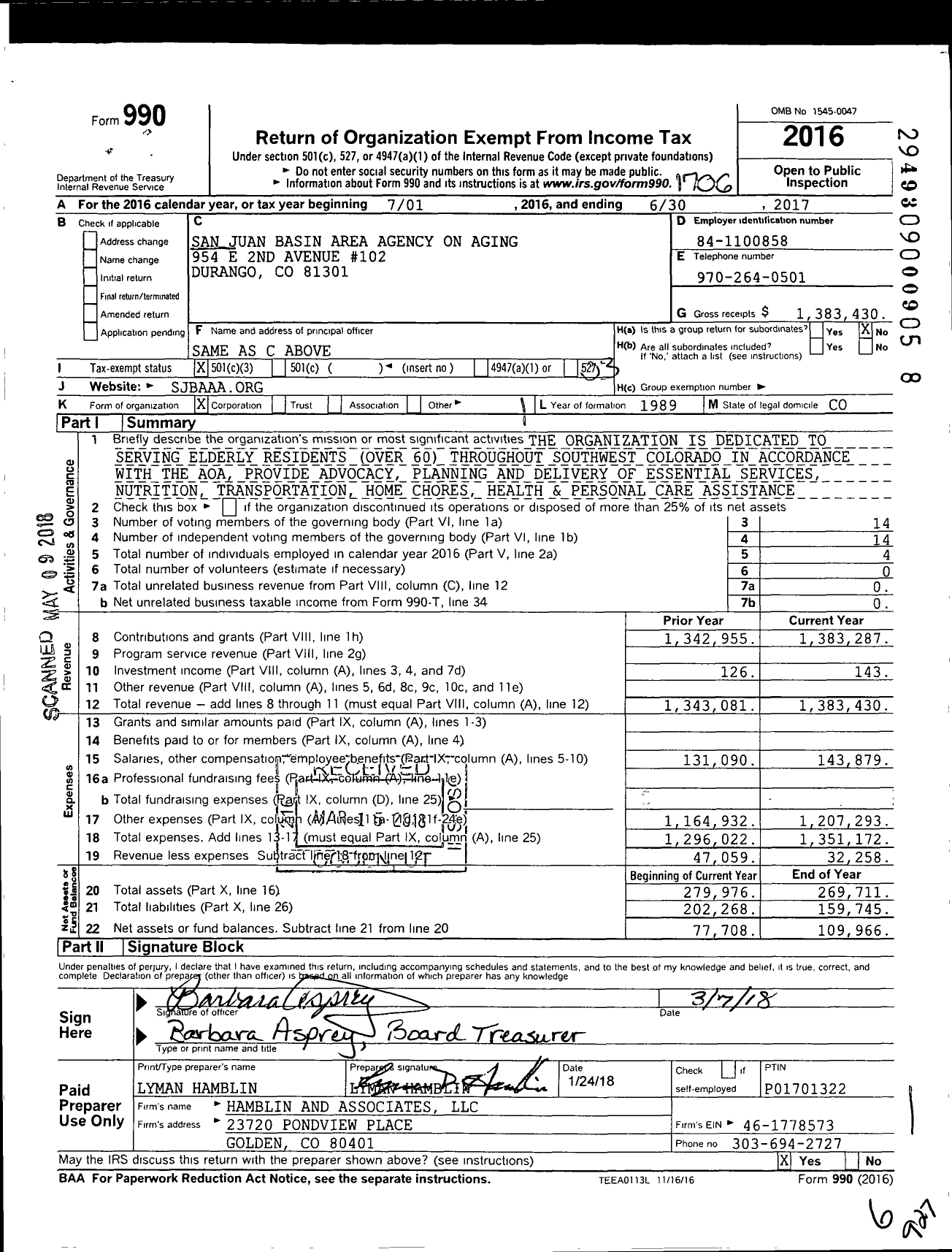 Image of first page of 2016 Form 990 for San Juan Basin Area Agency on Aging