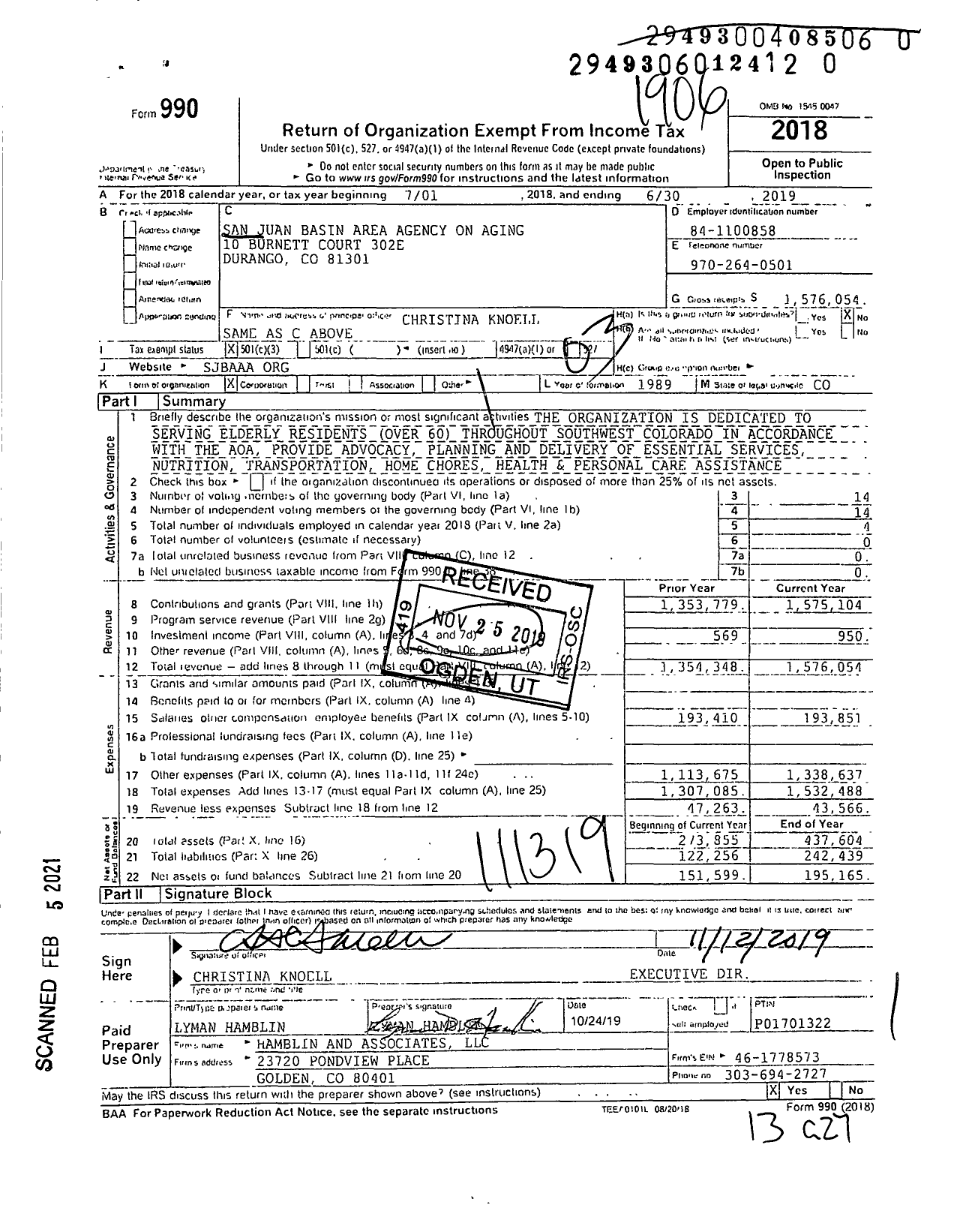 Image of first page of 2018 Form 990 for San Juan Basin Area Agency on Aging