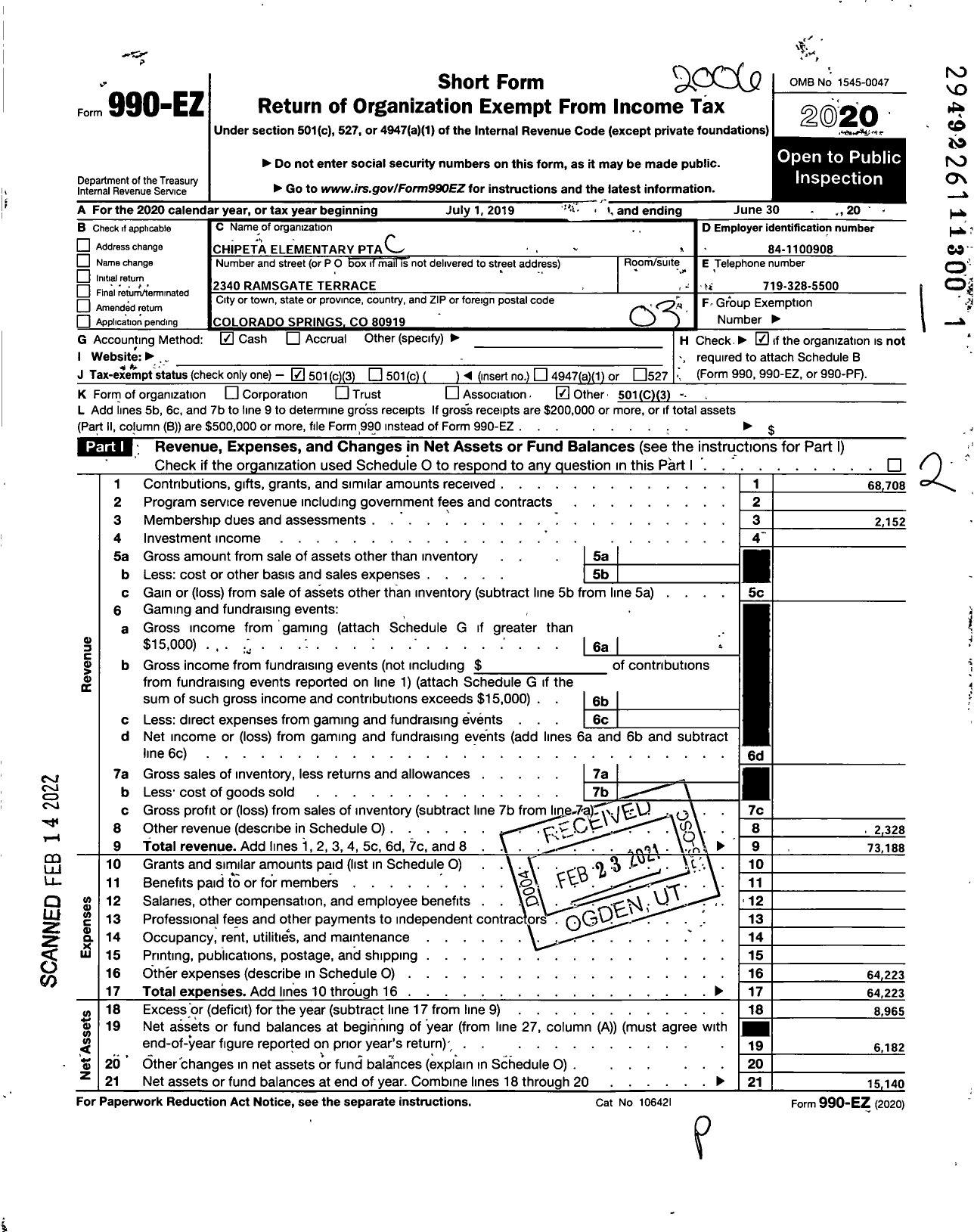 Image of first page of 2019 Form 990EZ for Chipeta Elementary PTA