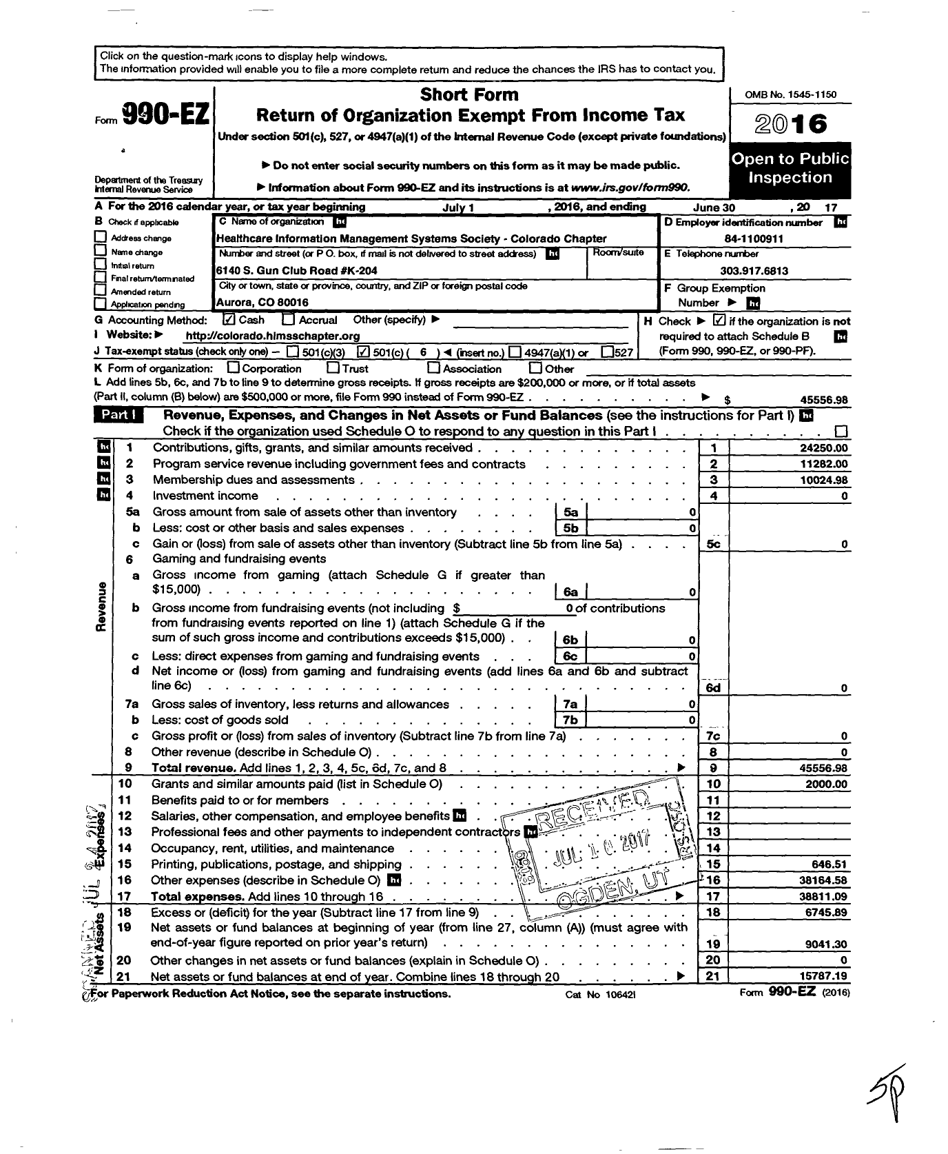 Image of first page of 2016 Form 990EO for HEALTHCARE INFORMATION AND MANAGEMENT SYSTEMS SOCIETY Colorado Chapter