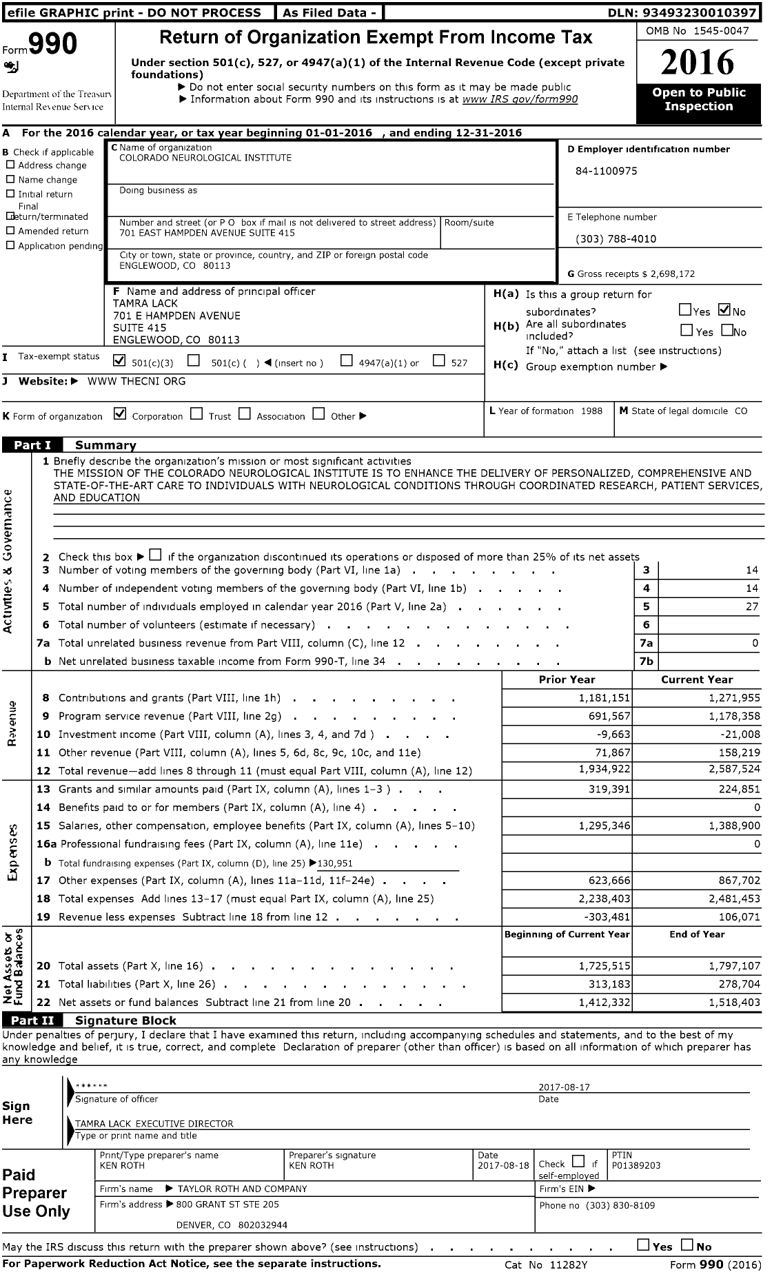 Image of first page of 2016 Form 990 for Colorado Neurological Institute