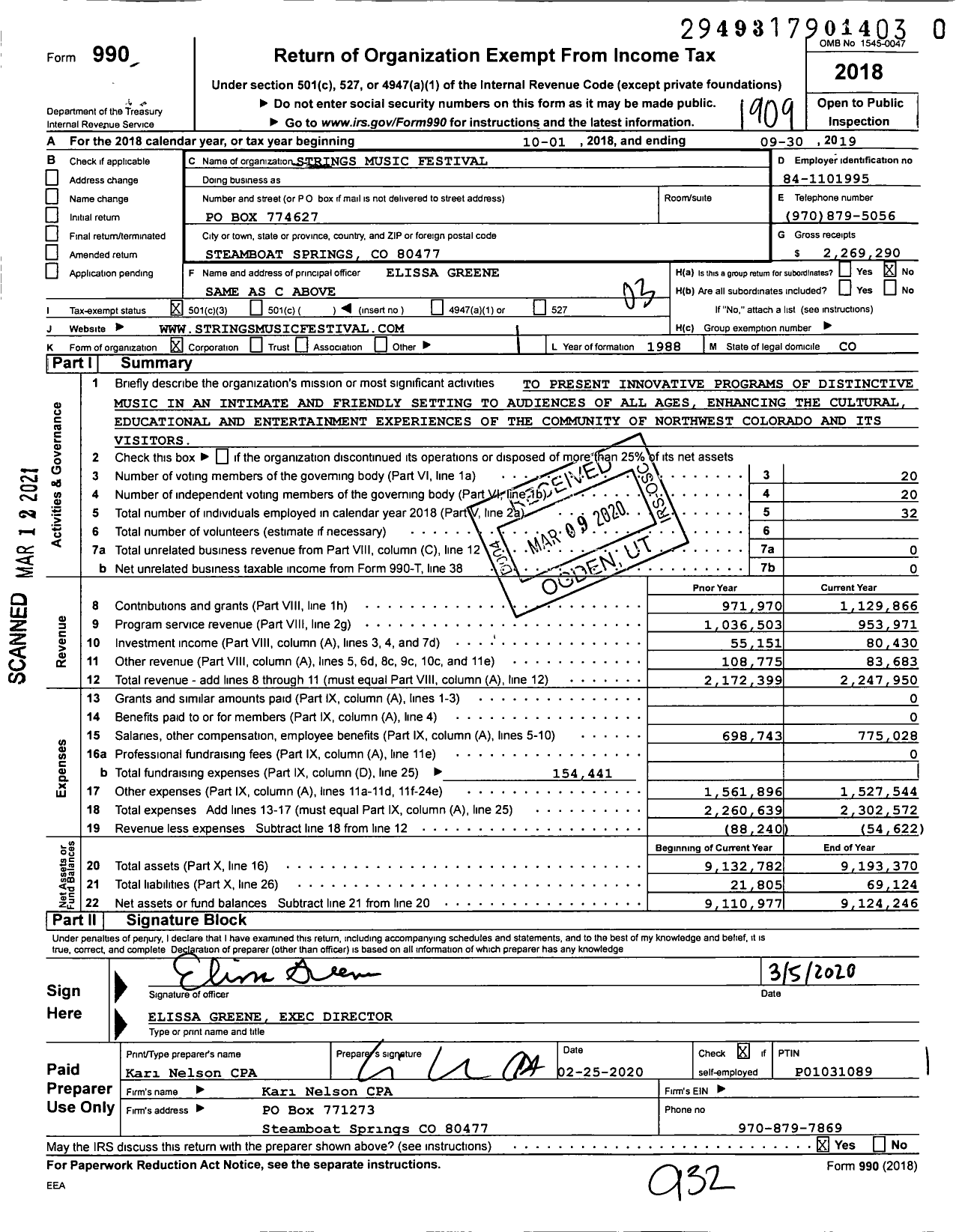 Image of first page of 2018 Form 990 for Strings Music Festival Steamboat Springs