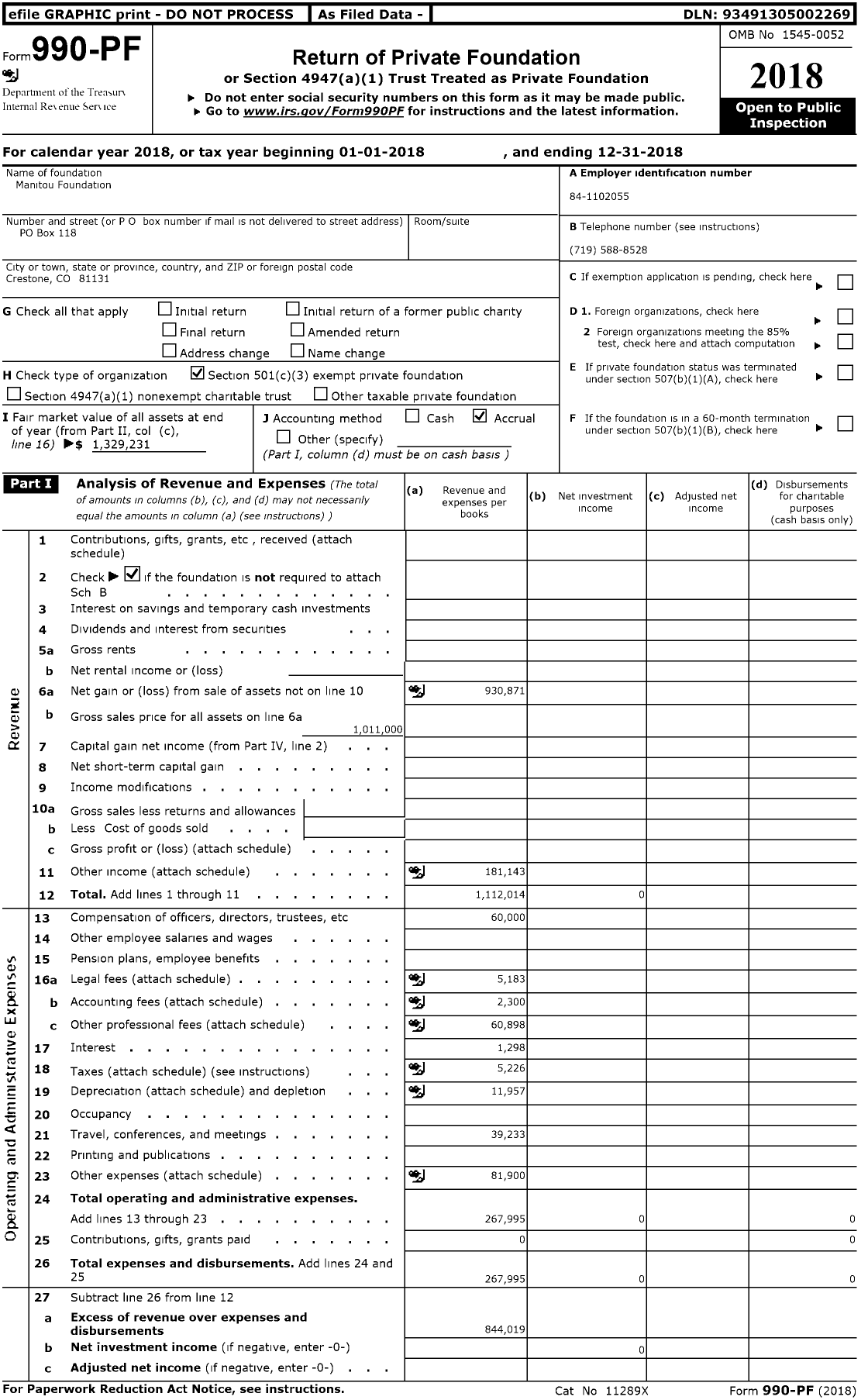 Image of first page of 2018 Form 990PF for Manitou Foundation