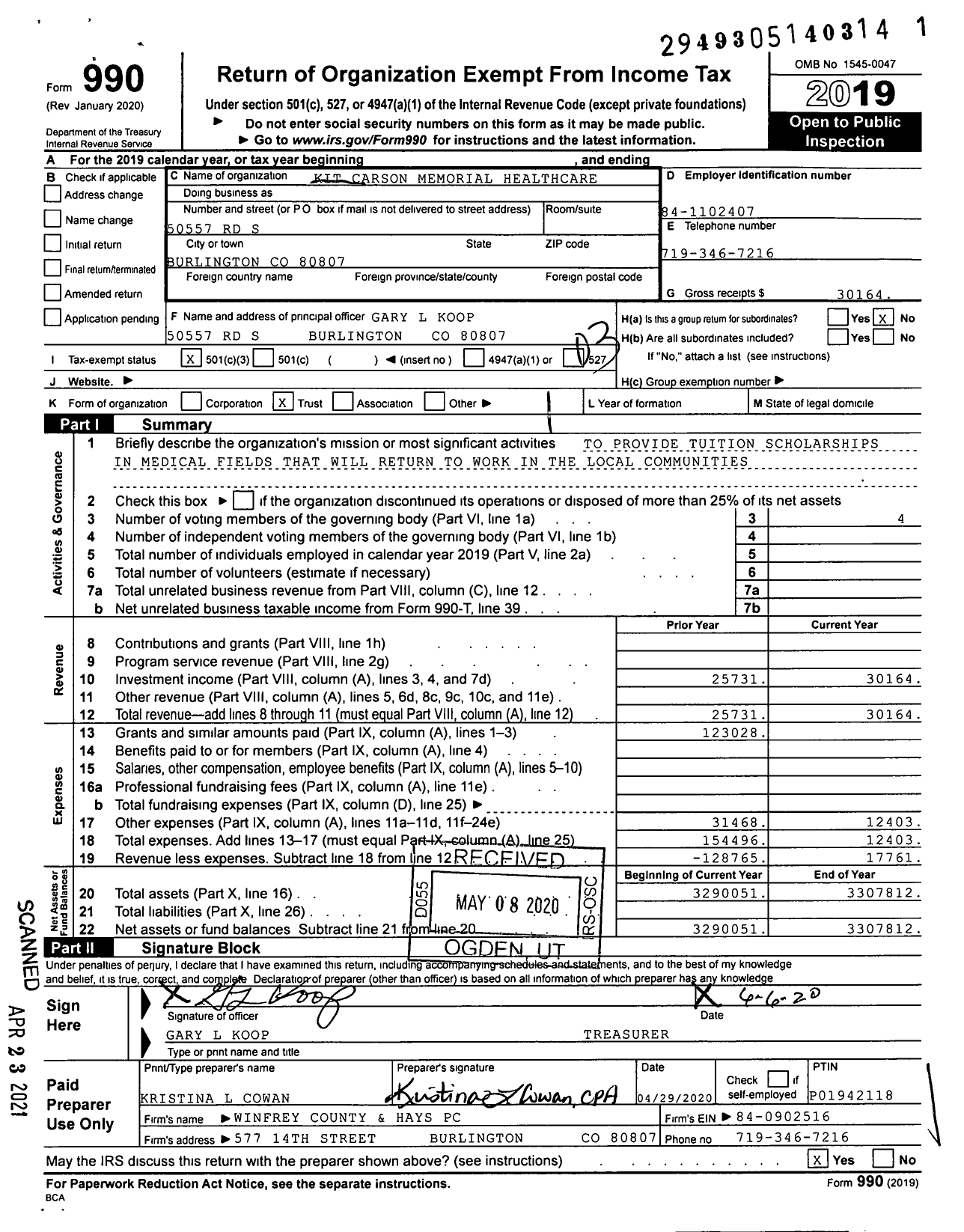 Image of first page of 2019 Form 990 for Kit Carson Memorial Healthcare