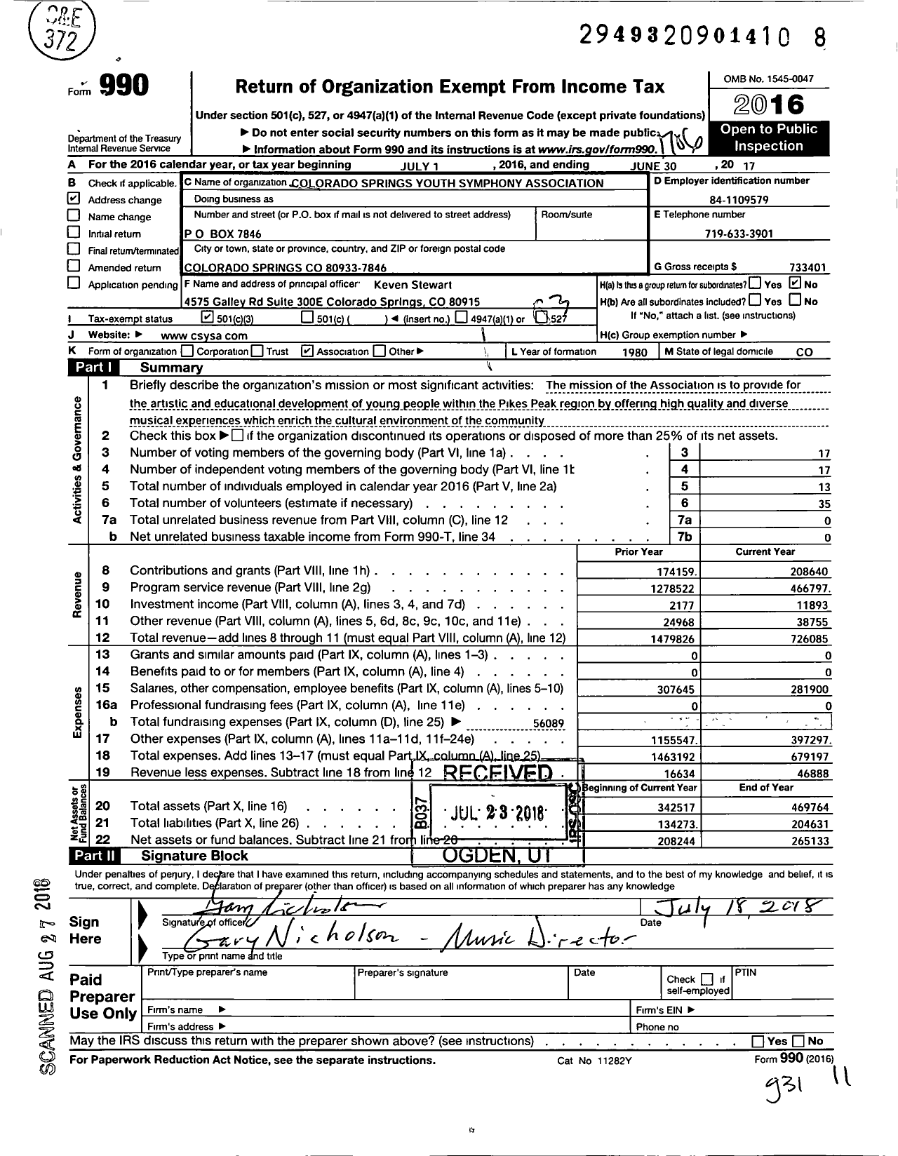 Image of first page of 2016 Form 990 for Colorado Springs Youth Symphony Association