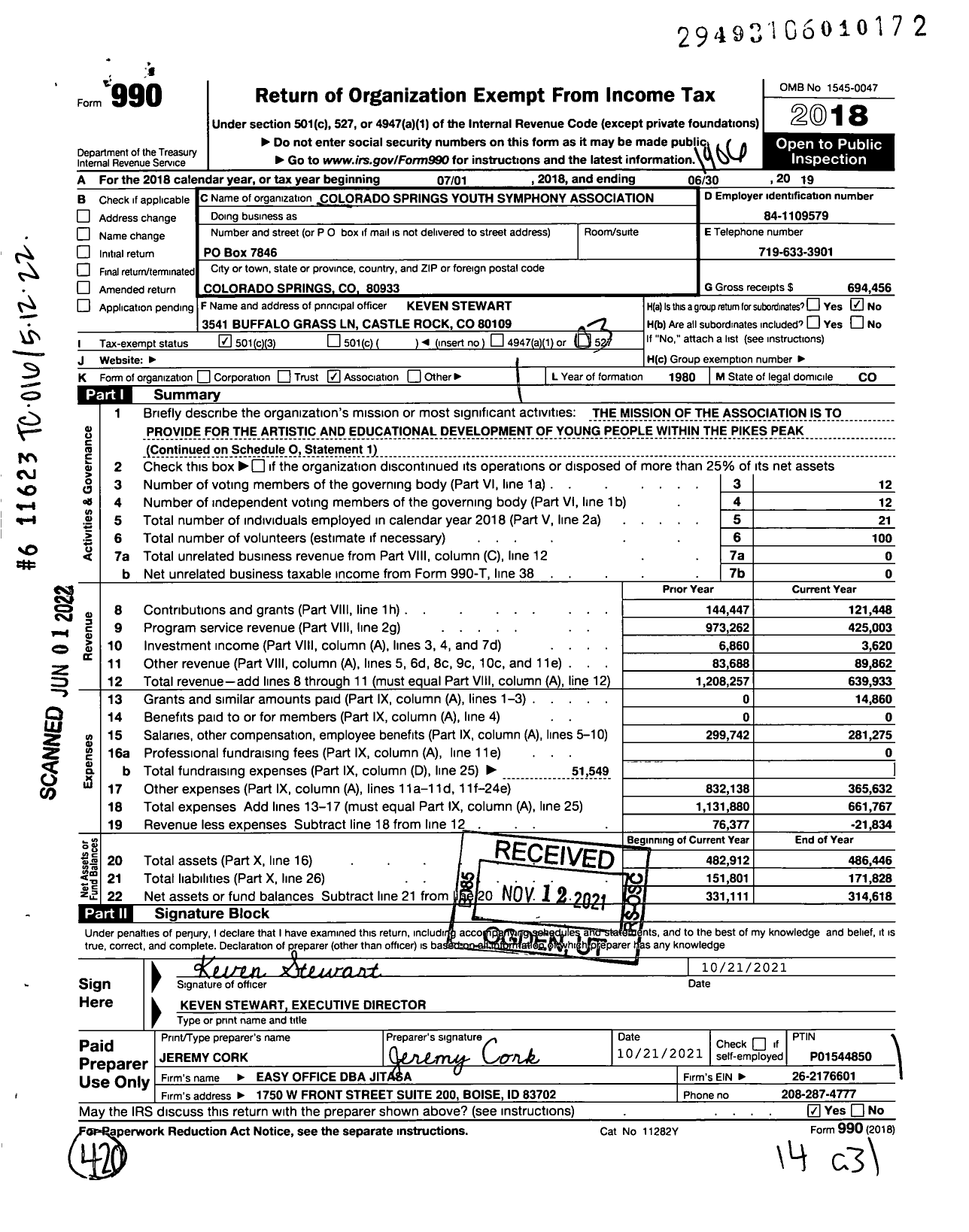 Image of first page of 2018 Form 990 for Colorado Springs Youth Symphony Association