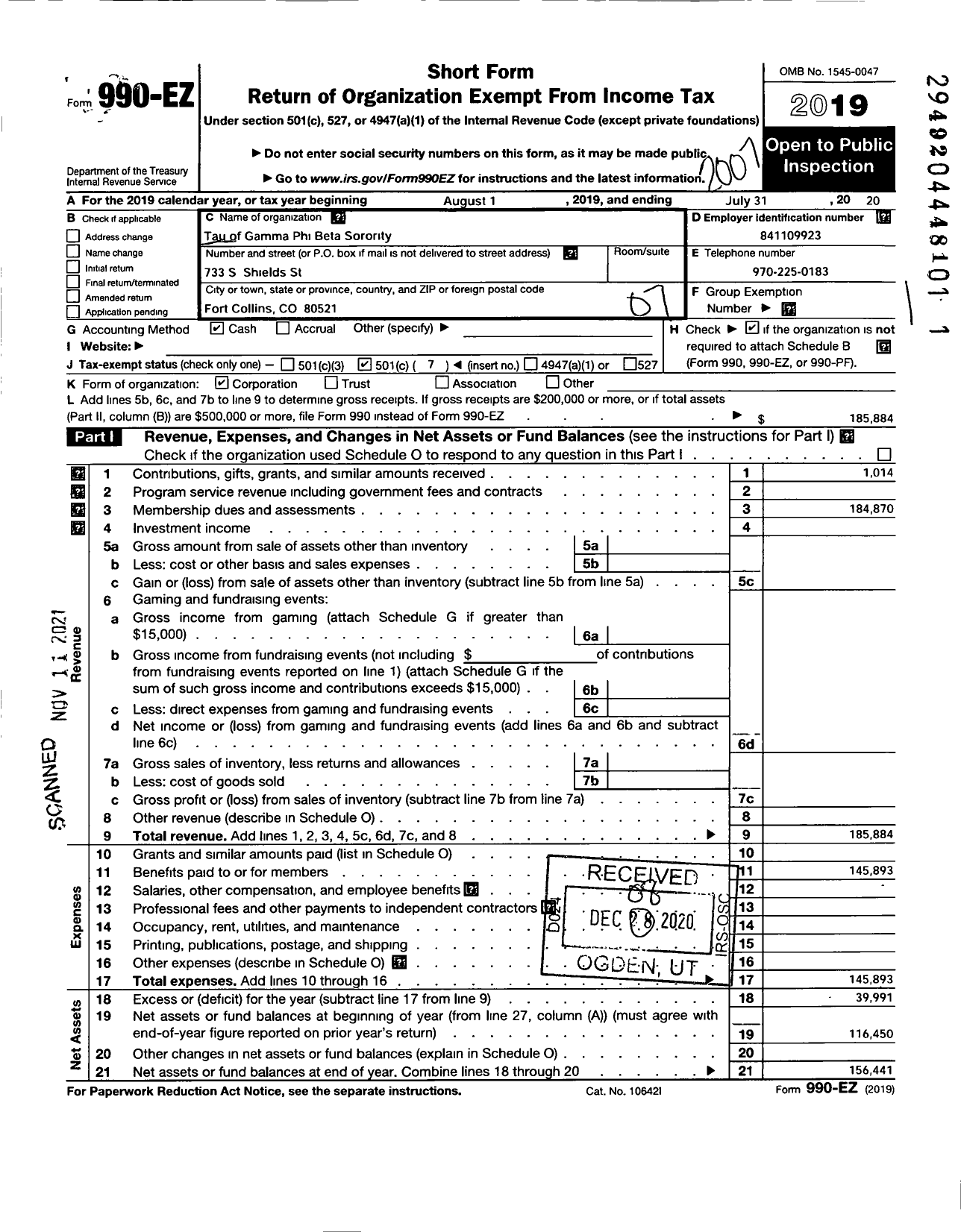 Image of first page of 2019 Form 990EO for Gamma Phi Beta Sorority - Tau Chapter