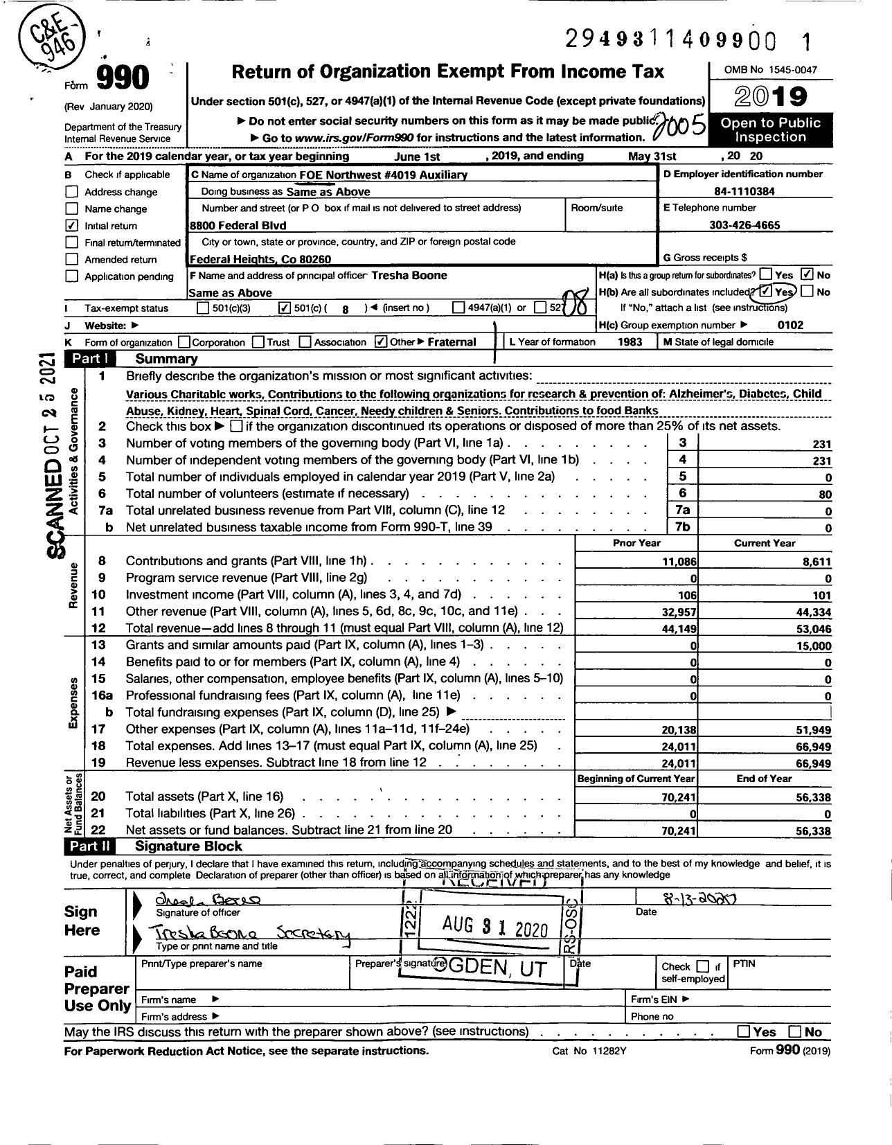 Image of first page of 2019 Form 990O for Fraternal Order of Eagles - 4019 Aux