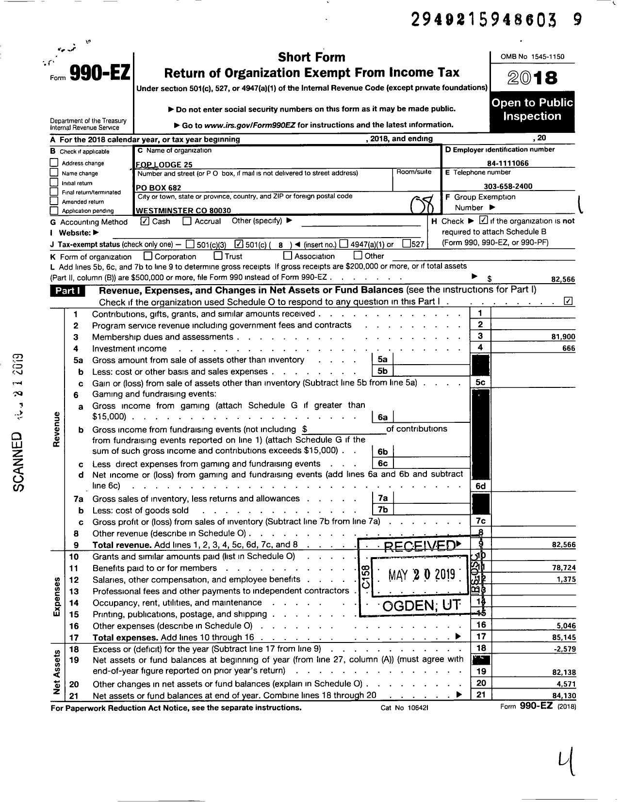 Image of first page of 2018 Form 990EO for Fraternal Order of Police - 25 Westminster Police Lodge