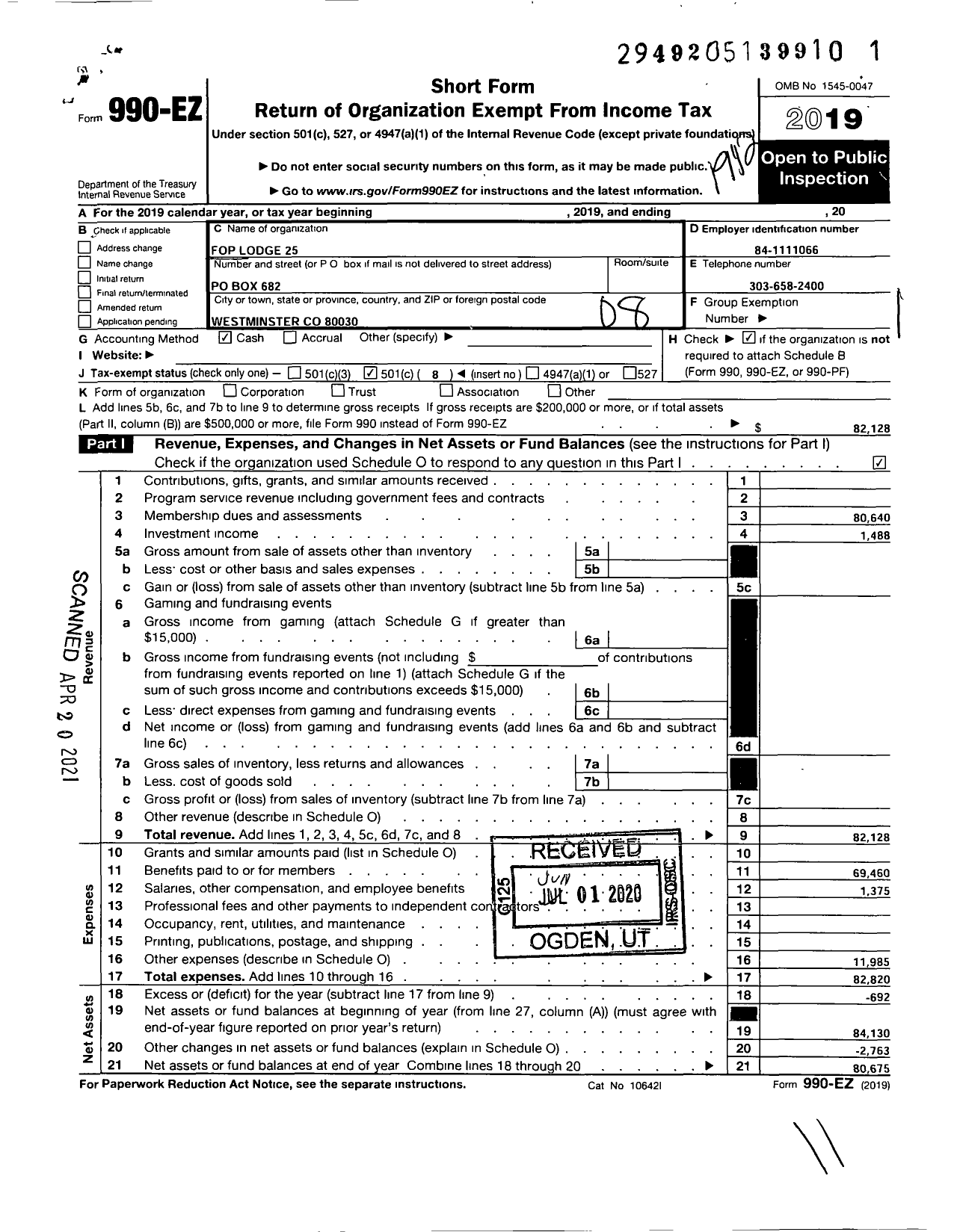 Image of first page of 2019 Form 990EO for Fraternal Order of Police - 25 Westminster Police Lodge