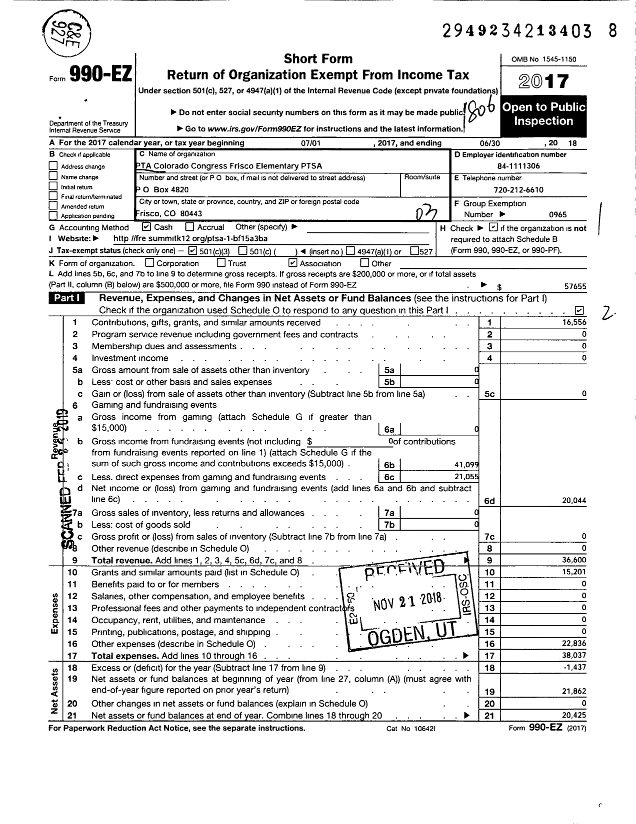 Image of first page of 2017 Form 990EZ for PTA Colorado Congress / Frisco Elementary