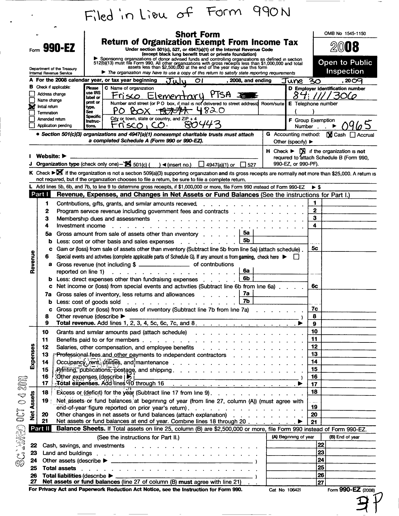 Image of first page of 2008 Form 990EO for PTA Colorado Congress / Frisco Elementary