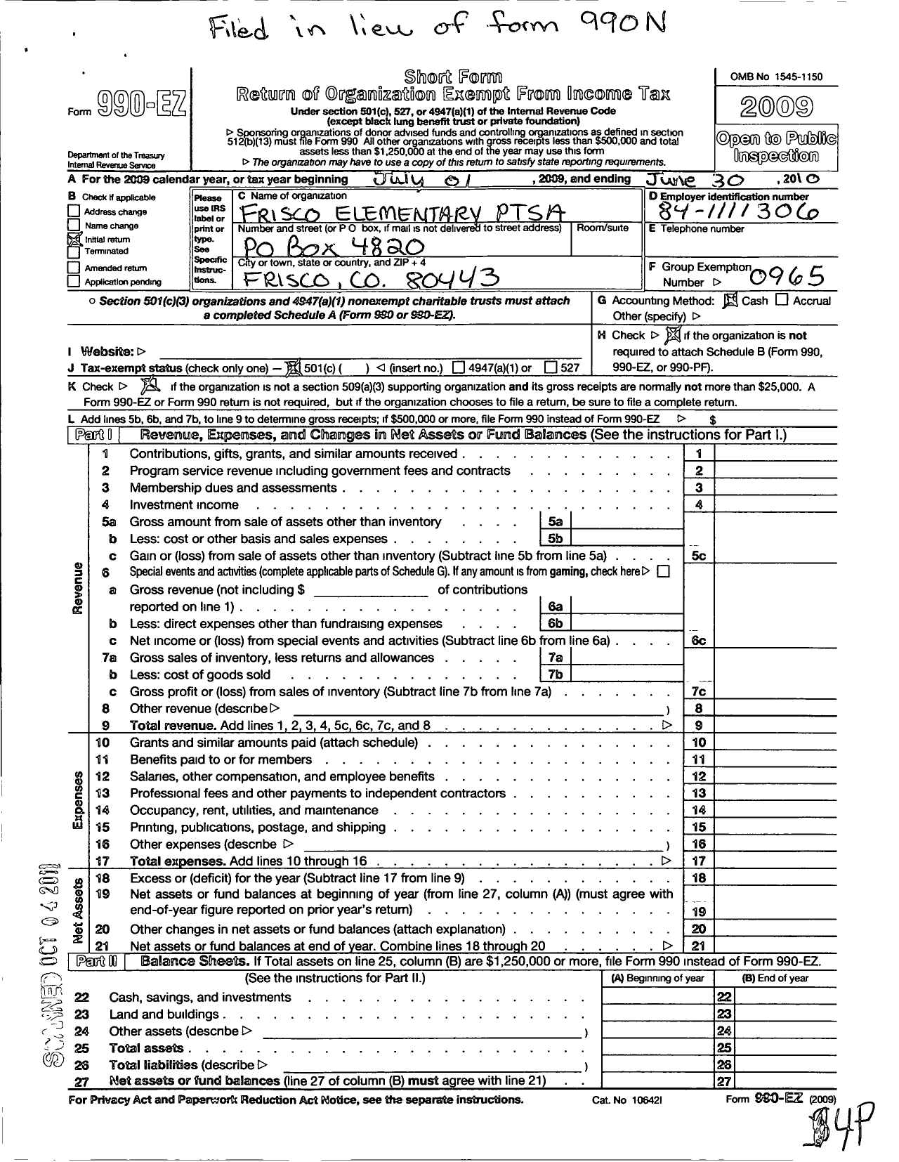 Image of first page of 2009 Form 990EO for PTA Colorado Congress / Frisco Elementary