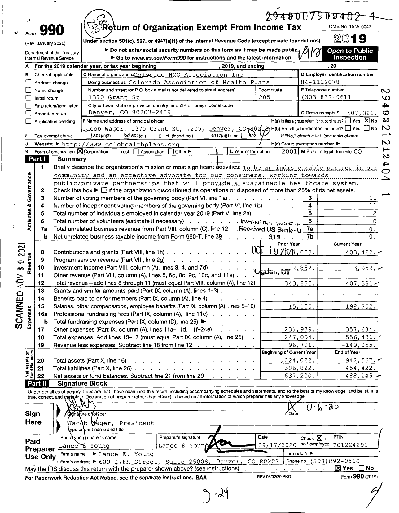 Image of first page of 2019 Form 990O for Colorado Association of Health Plans