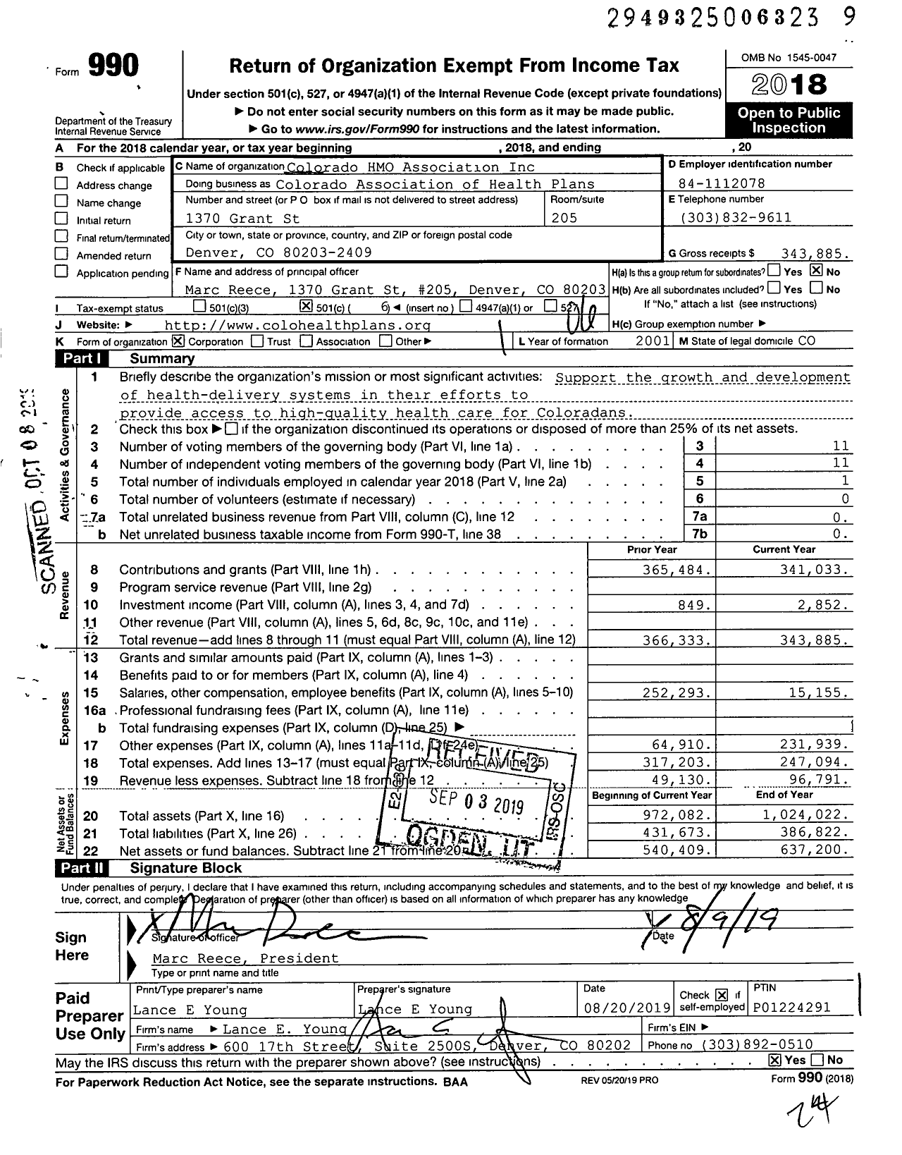 Image of first page of 2018 Form 990O for Colorado Association of Health Plans