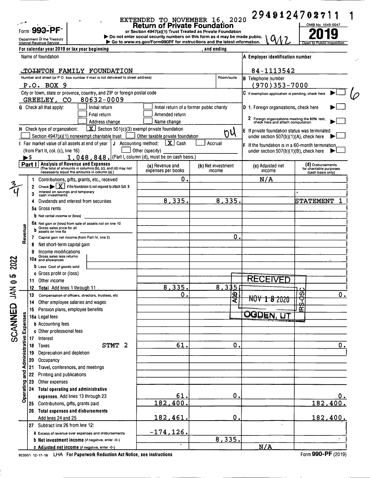 Image of first page of 2019 Form 990PF for Tointon Family Foundation