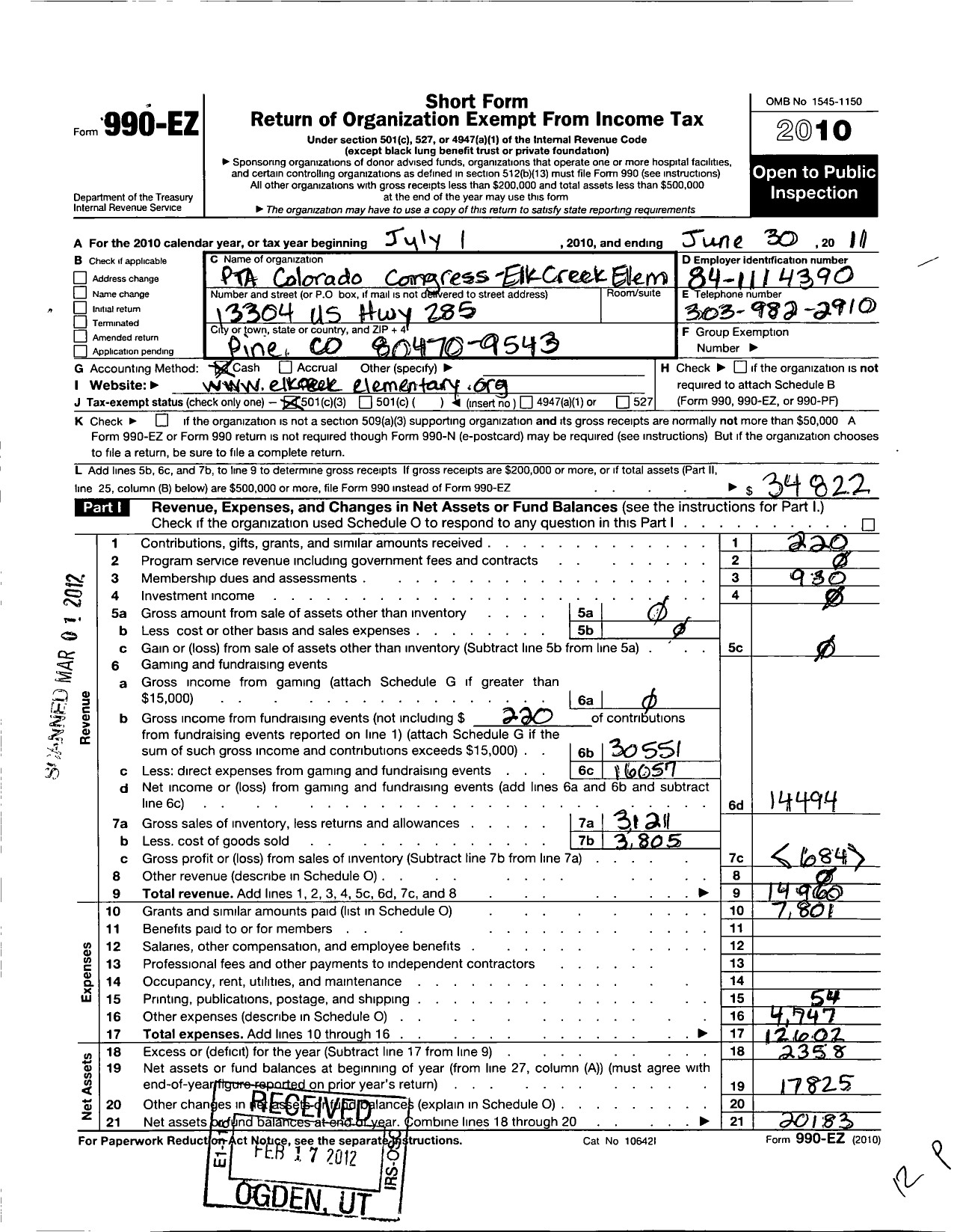 Image of first page of 2010 Form 990EZ for PTA Colorado Congress Elk Creek Elementary