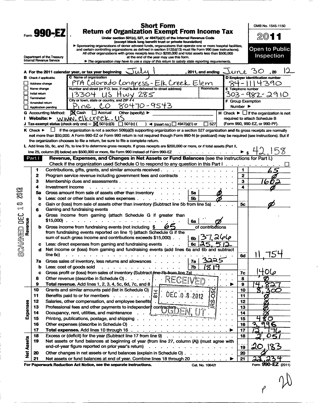 Image of first page of 2011 Form 990EZ for PTA Colorado Congress Elk Creek Elementary