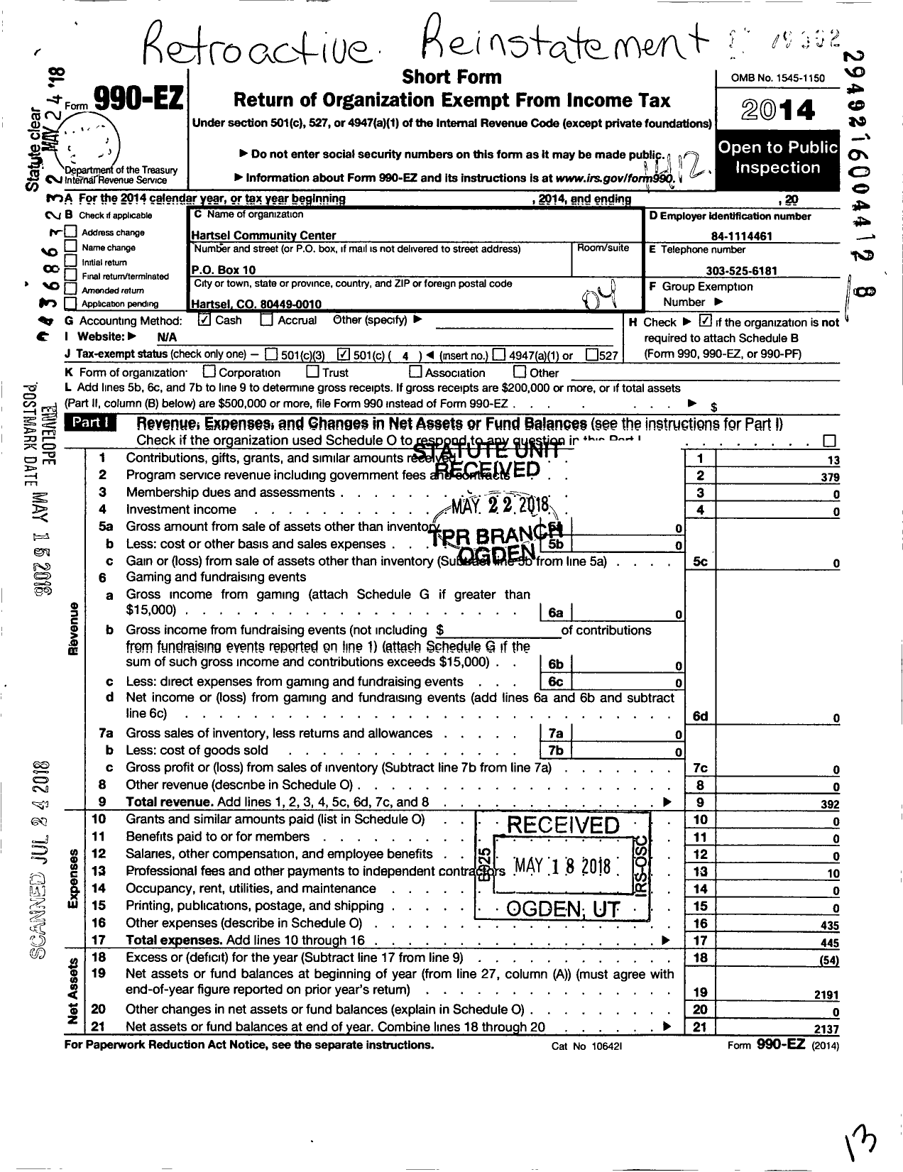 Image of first page of 2014 Form 990EO for Hartsel Community Center