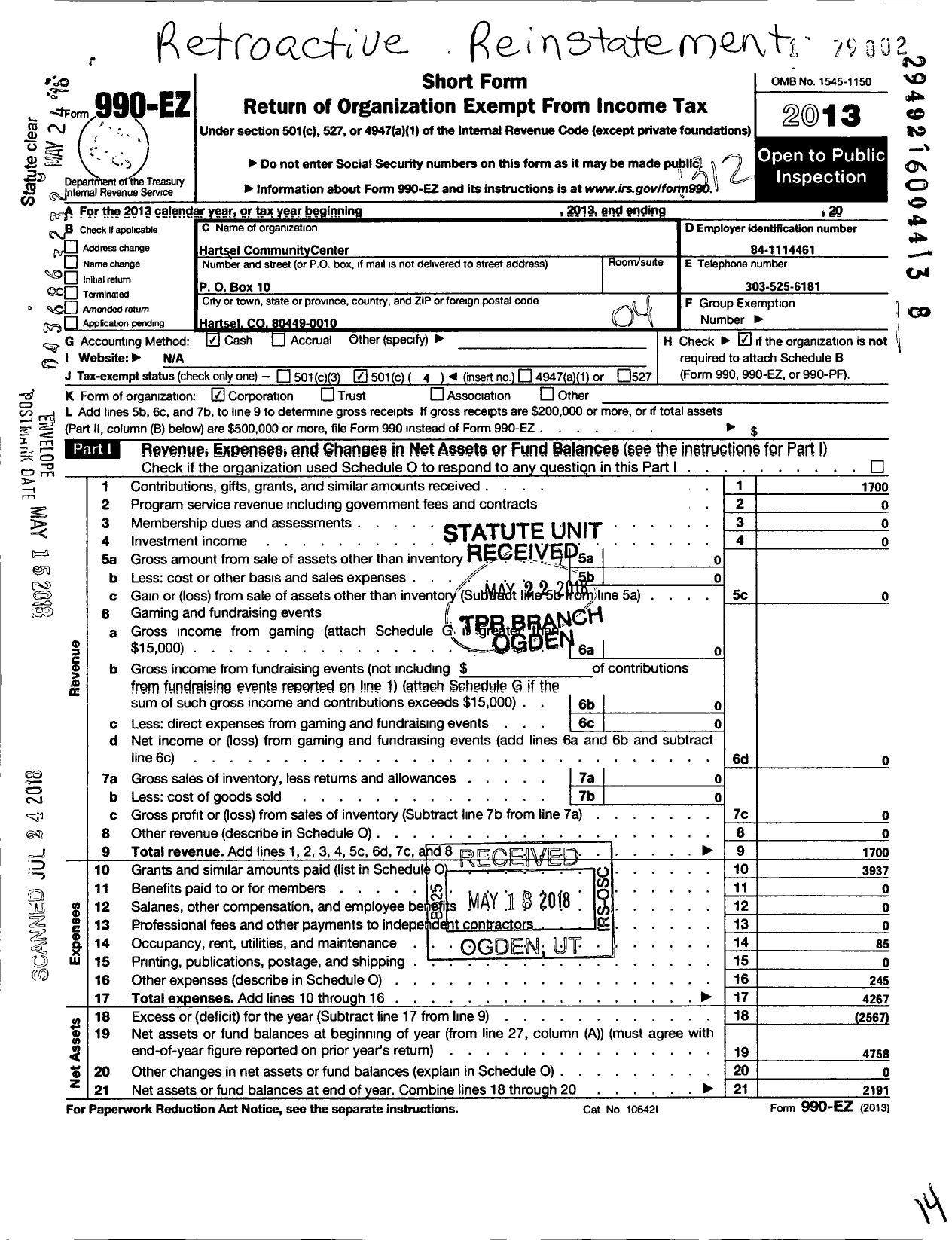 Image of first page of 2013 Form 990EO for Hartsel Community Center