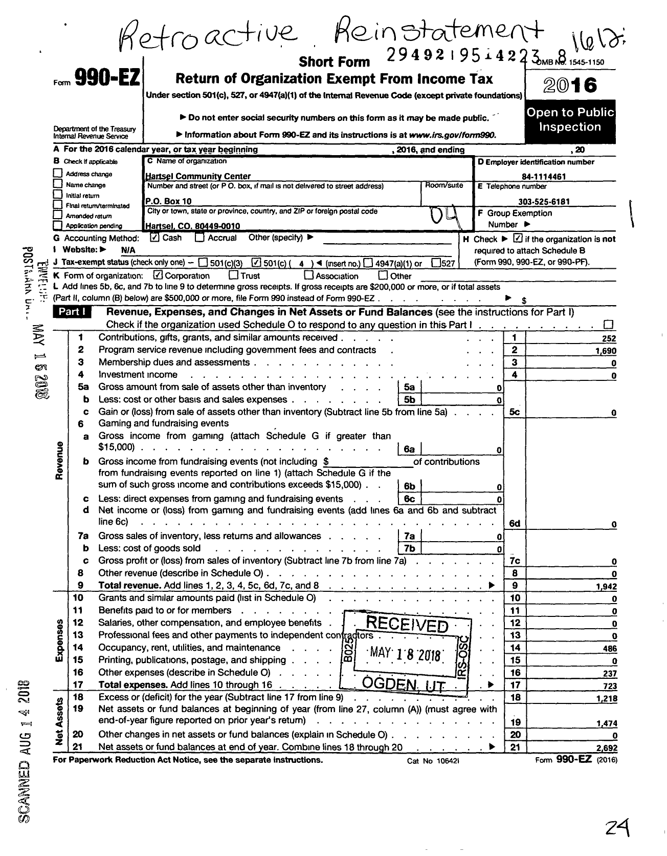 Image of first page of 2016 Form 990EO for Hartsel Community Center