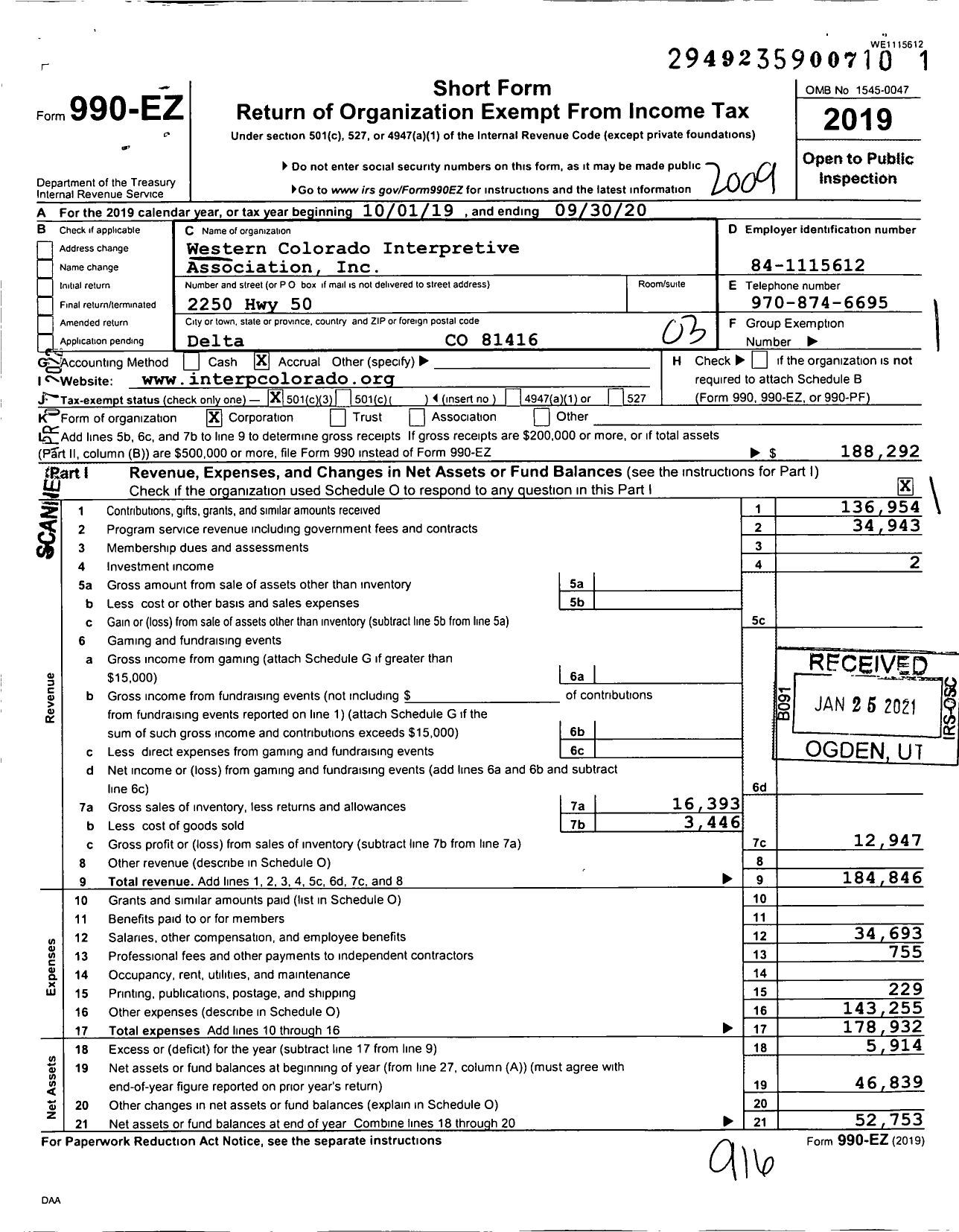 Image of first page of 2019 Form 990EZ for Western Colorado Interpretive Association