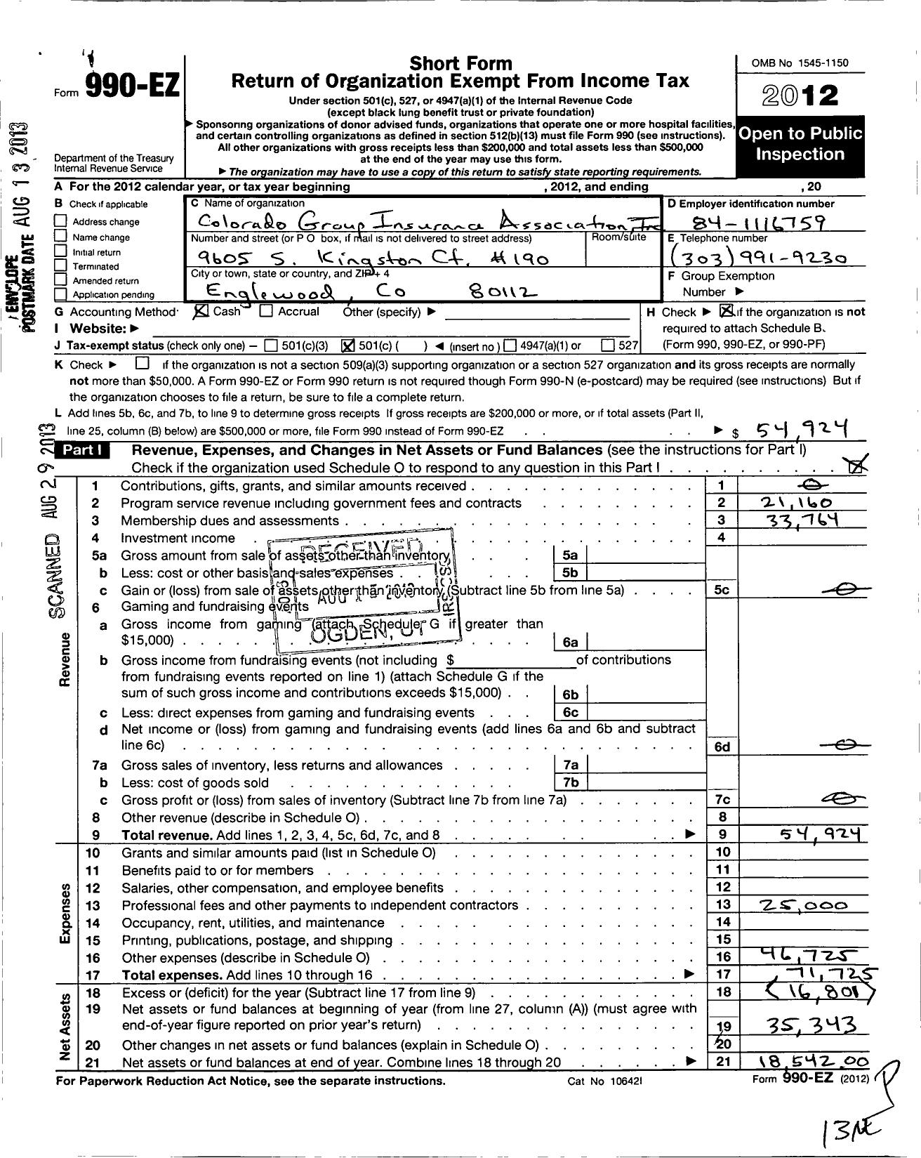 Image of first page of 2012 Form 990EO for Colorado Group Insurance Association