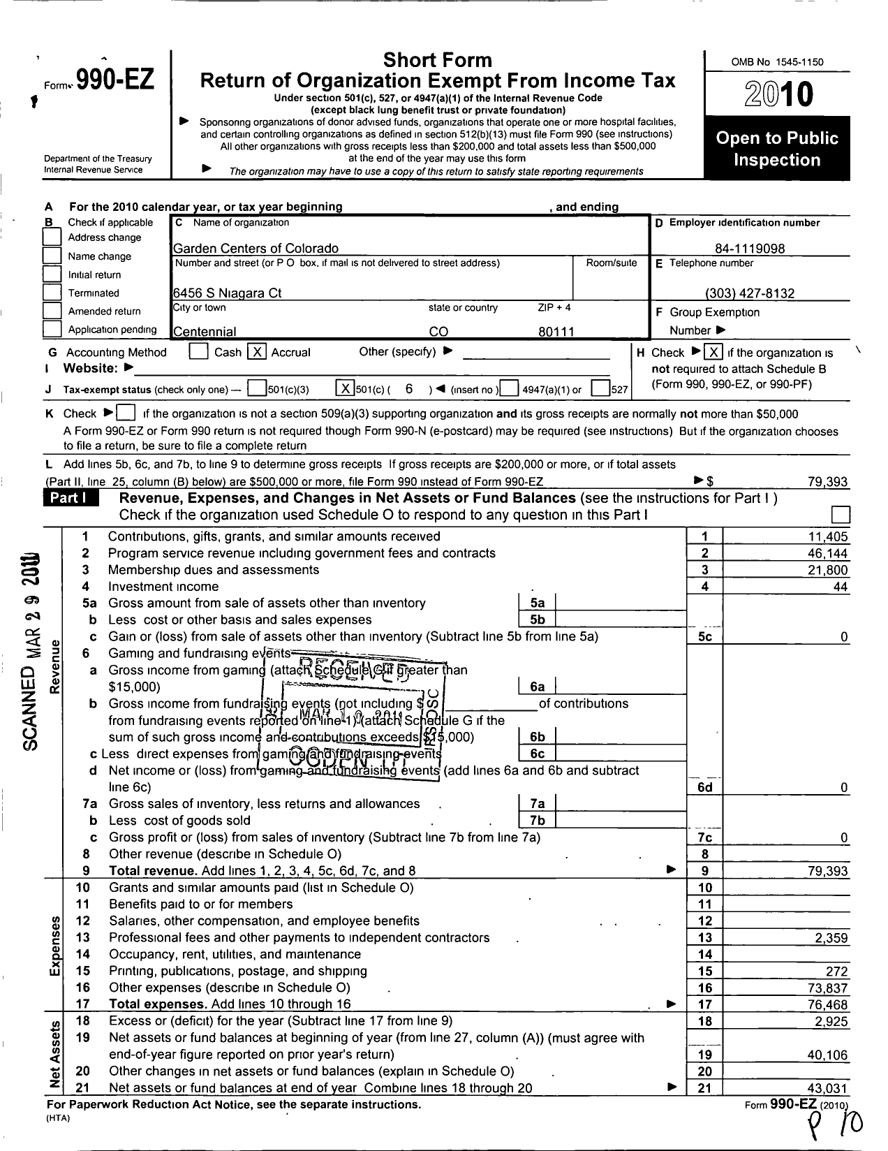 Image of first page of 2010 Form 990EO for Garden Centers of Colorado