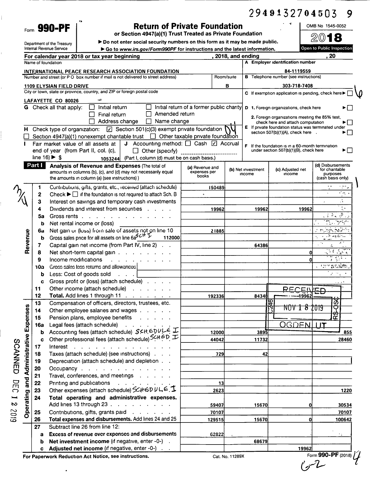 Image of first page of 2018 Form 990PF for International Peace Research Association Foundation