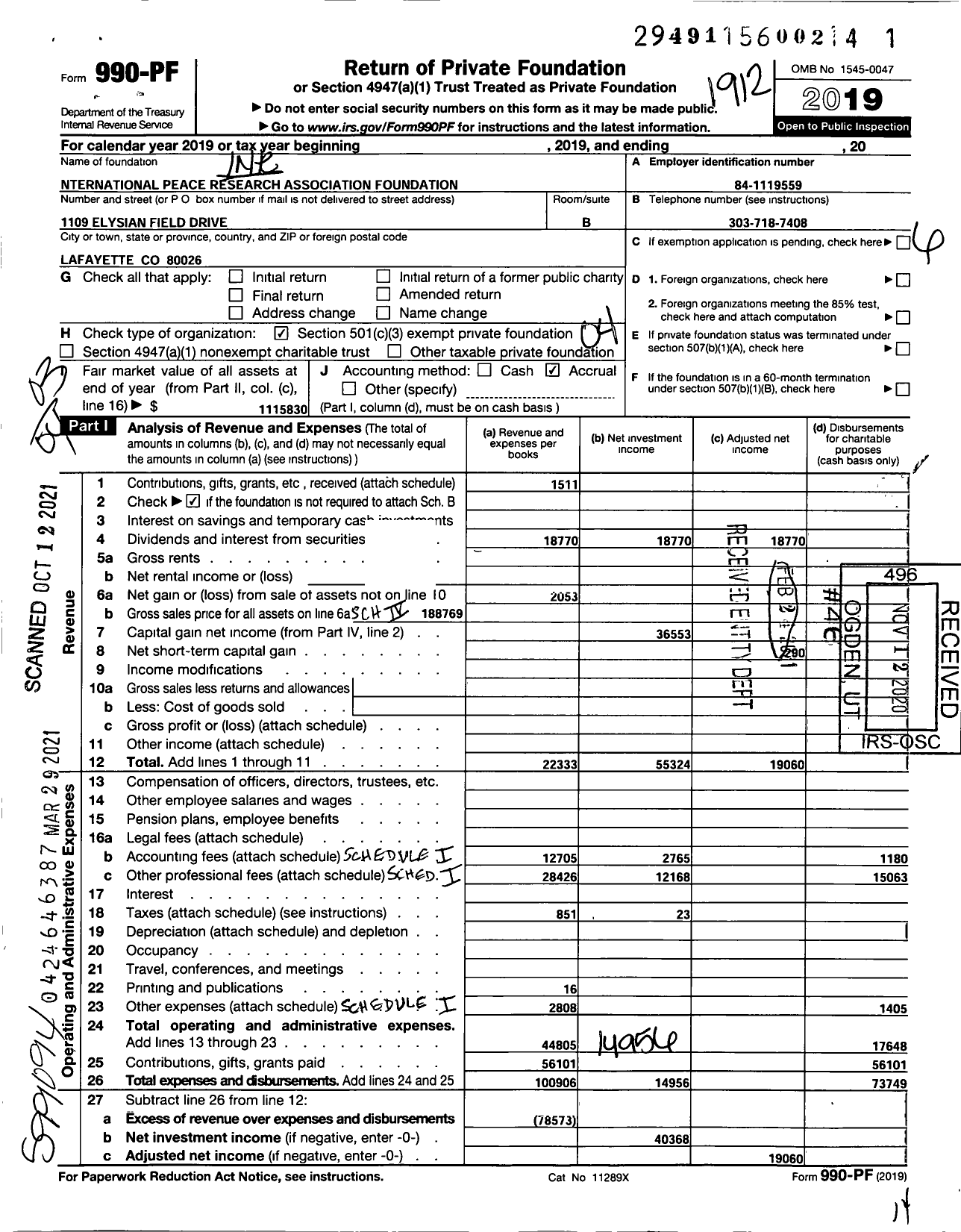 Image of first page of 2019 Form 990PF for International Peace Research Association Foundation