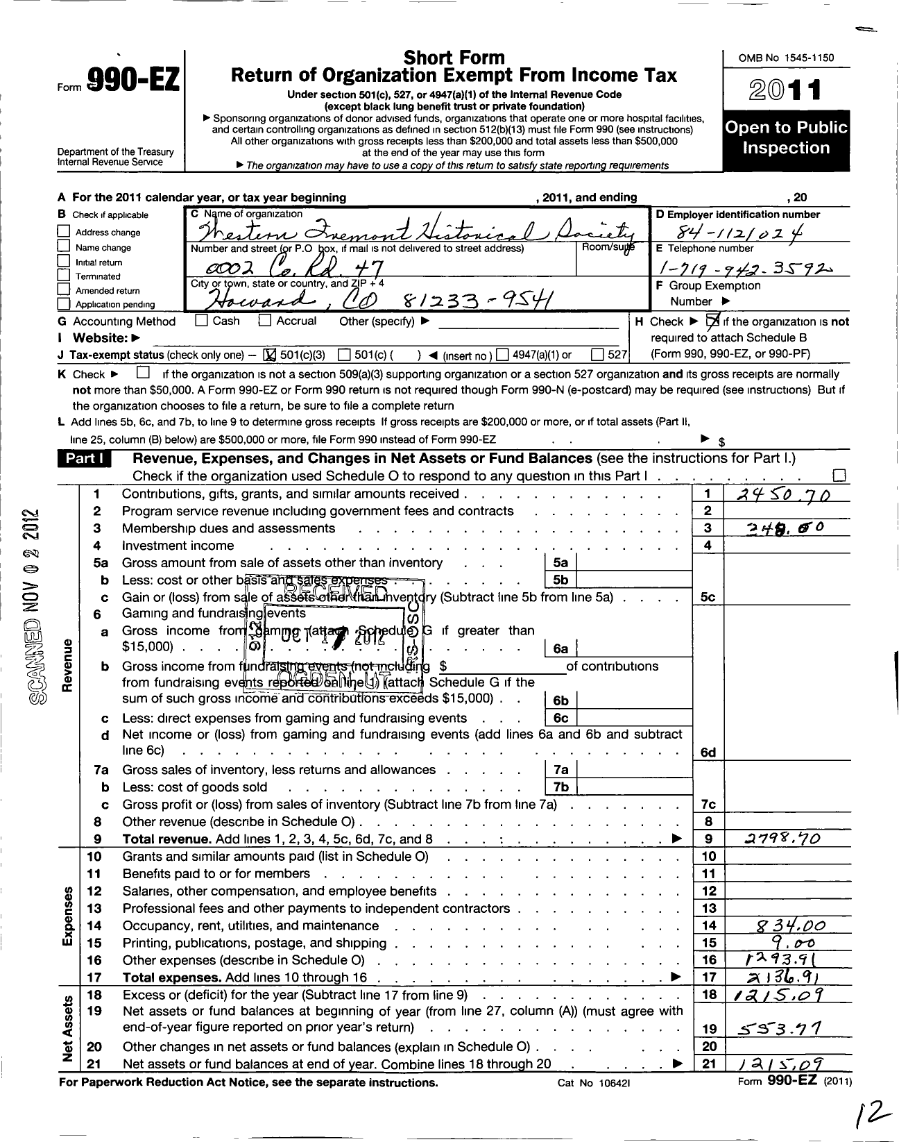 Image of first page of 2011 Form 990EZ for Western Fremont Historical Society