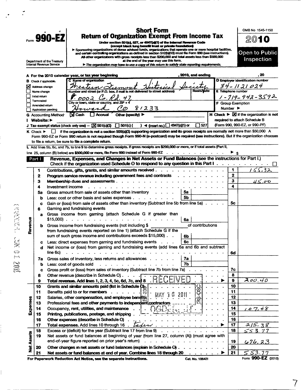 Image of first page of 2010 Form 990EZ for Western Fremont Historical Society