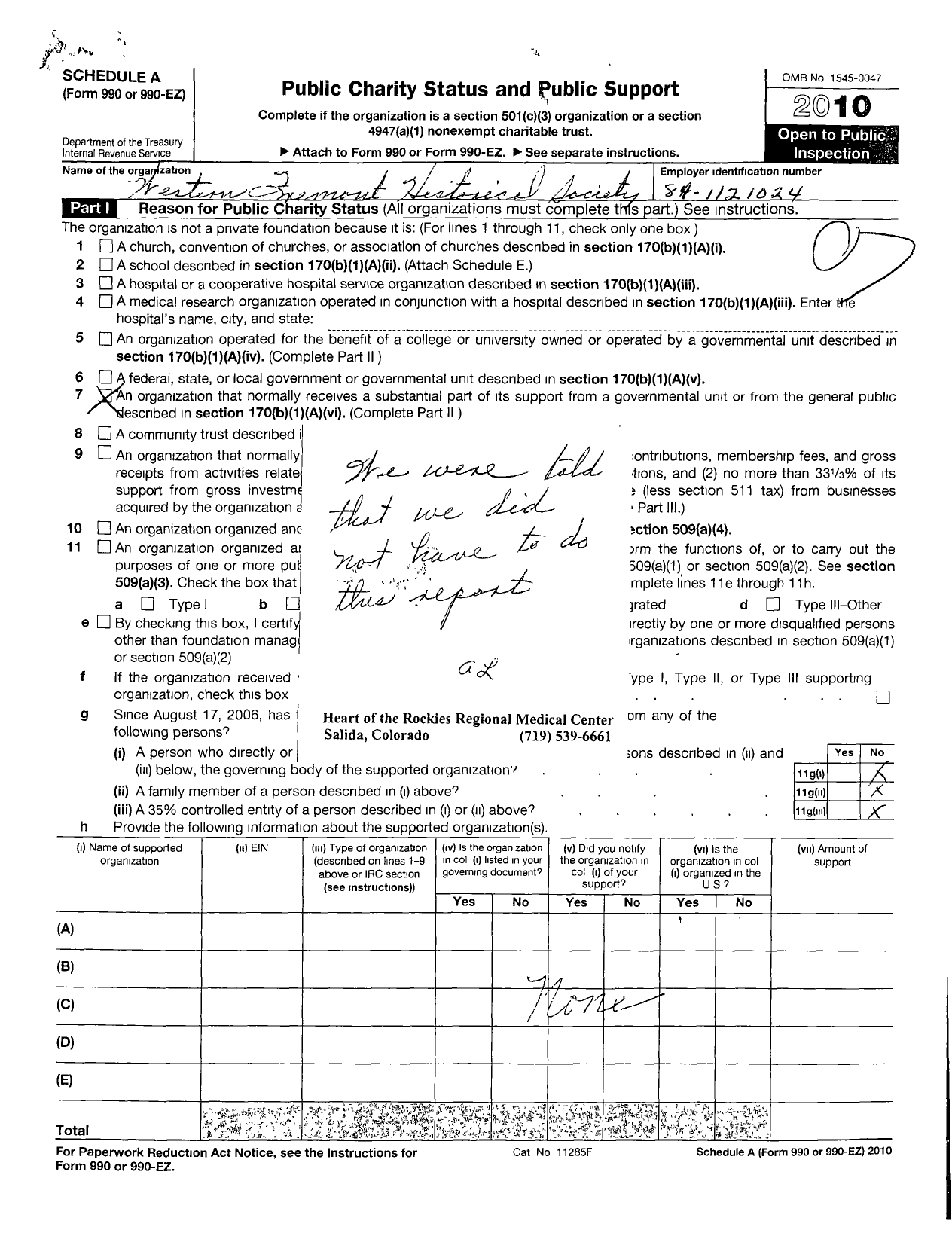 Image of first page of 2010 Form 990ER for Western Fremont Historical Society