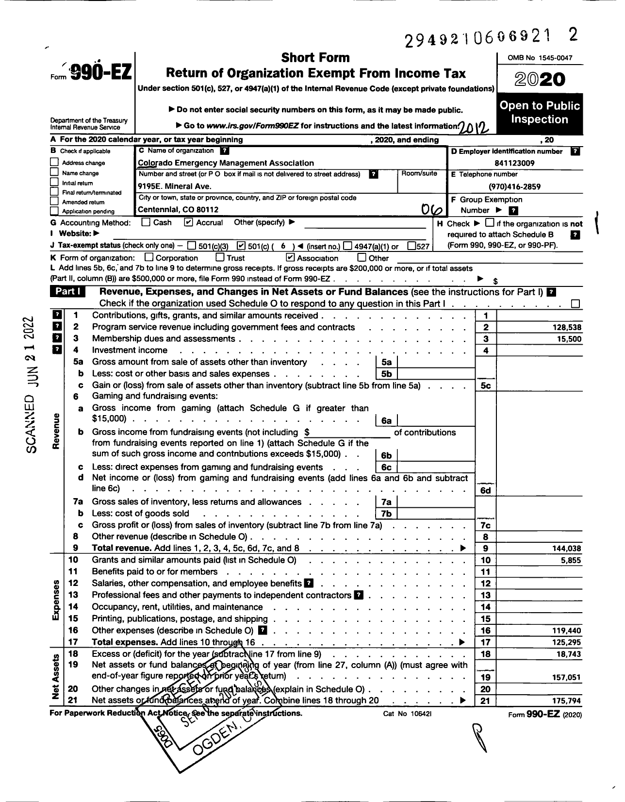 Image of first page of 2020 Form 990EO for Colorado Emergency Management Association Colorado Emergency Management Association