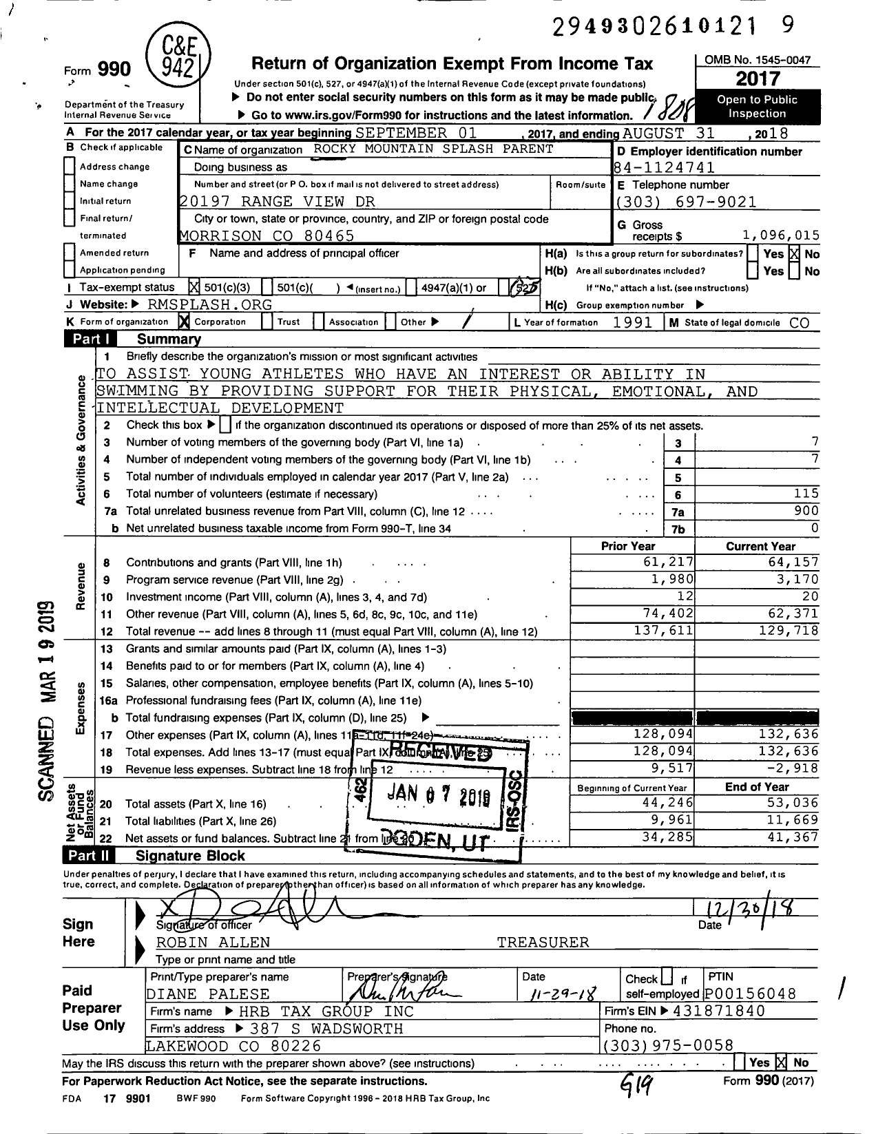 Image of first page of 2017 Form 990 for Rocky Mountain Splash Parents Corporation