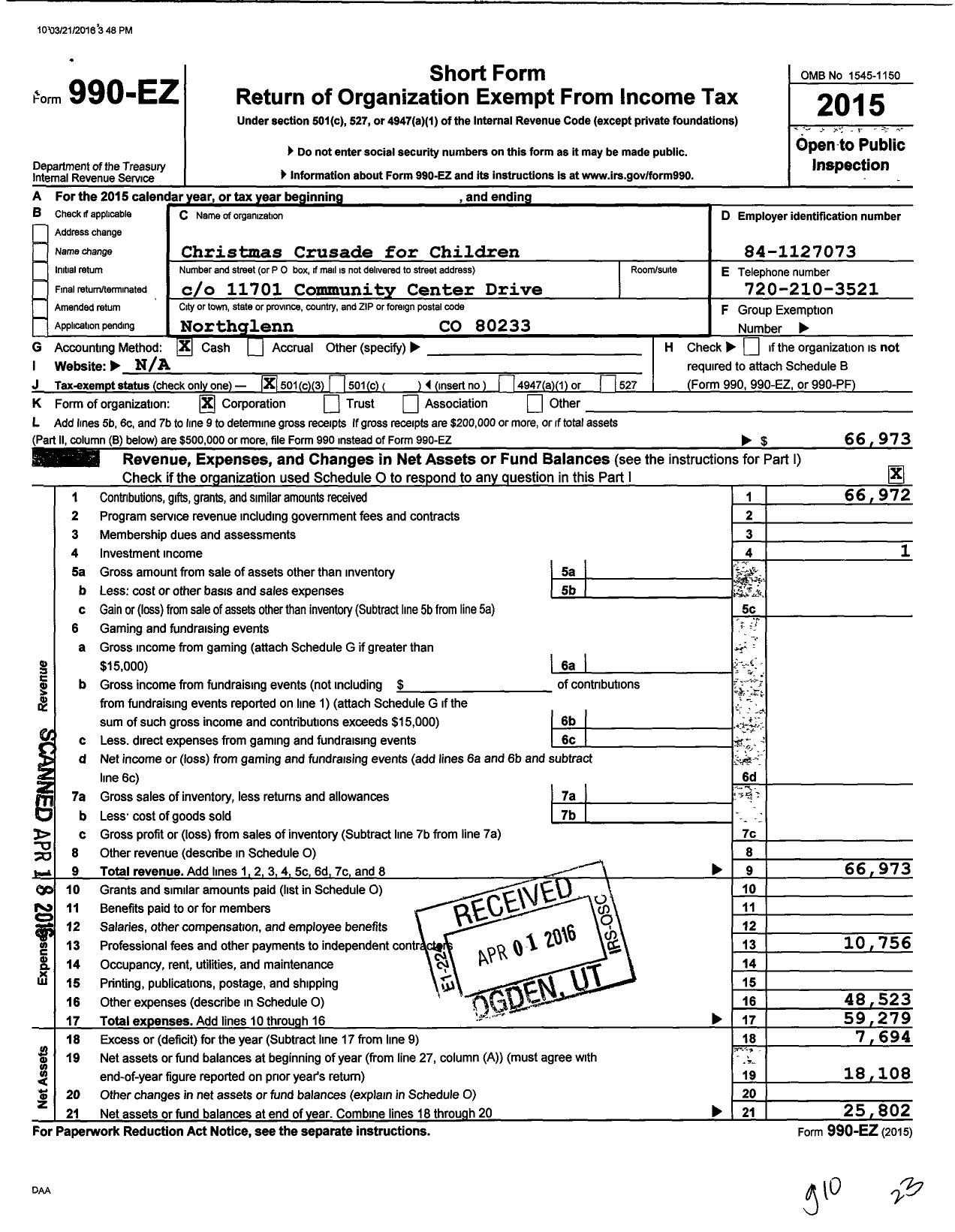 Image of first page of 2015 Form 990EZ for Christmas Crusade for Children