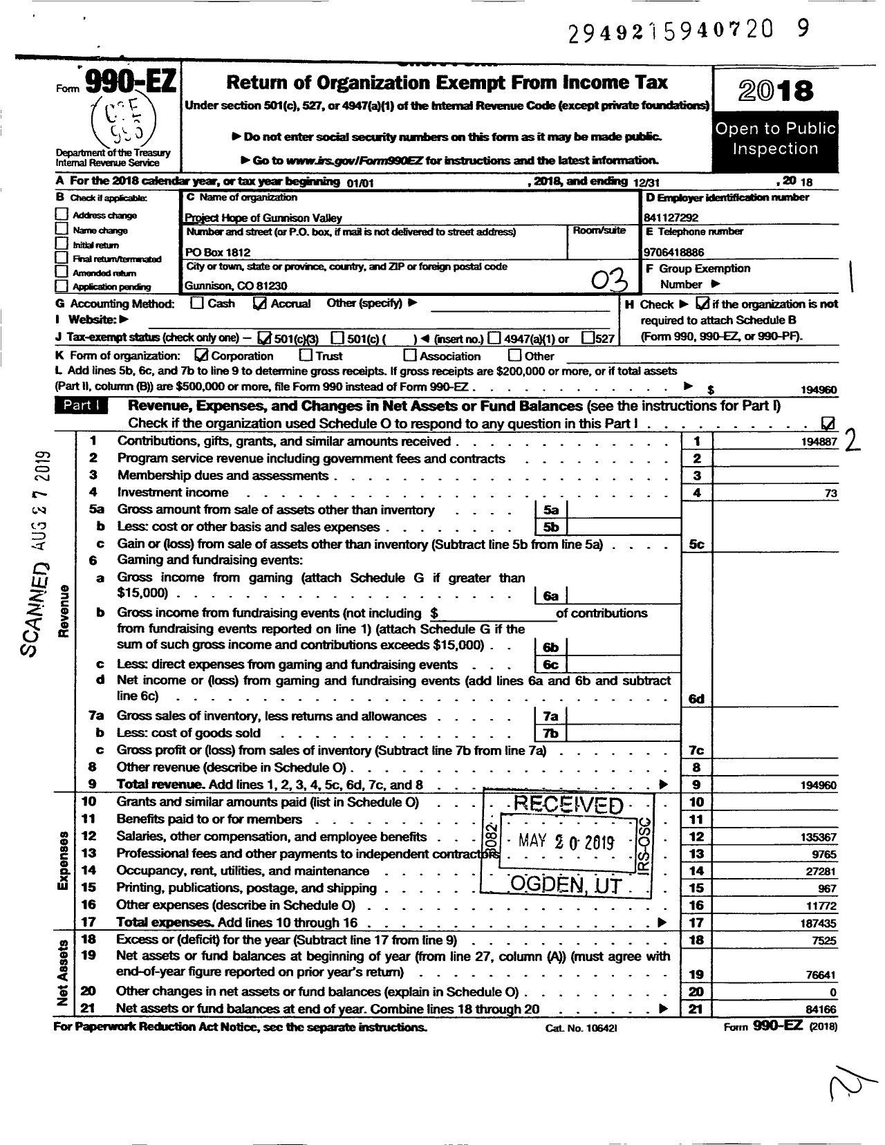 Image of first page of 2018 Form 990EZ for Project Hope of Gunnison Valley