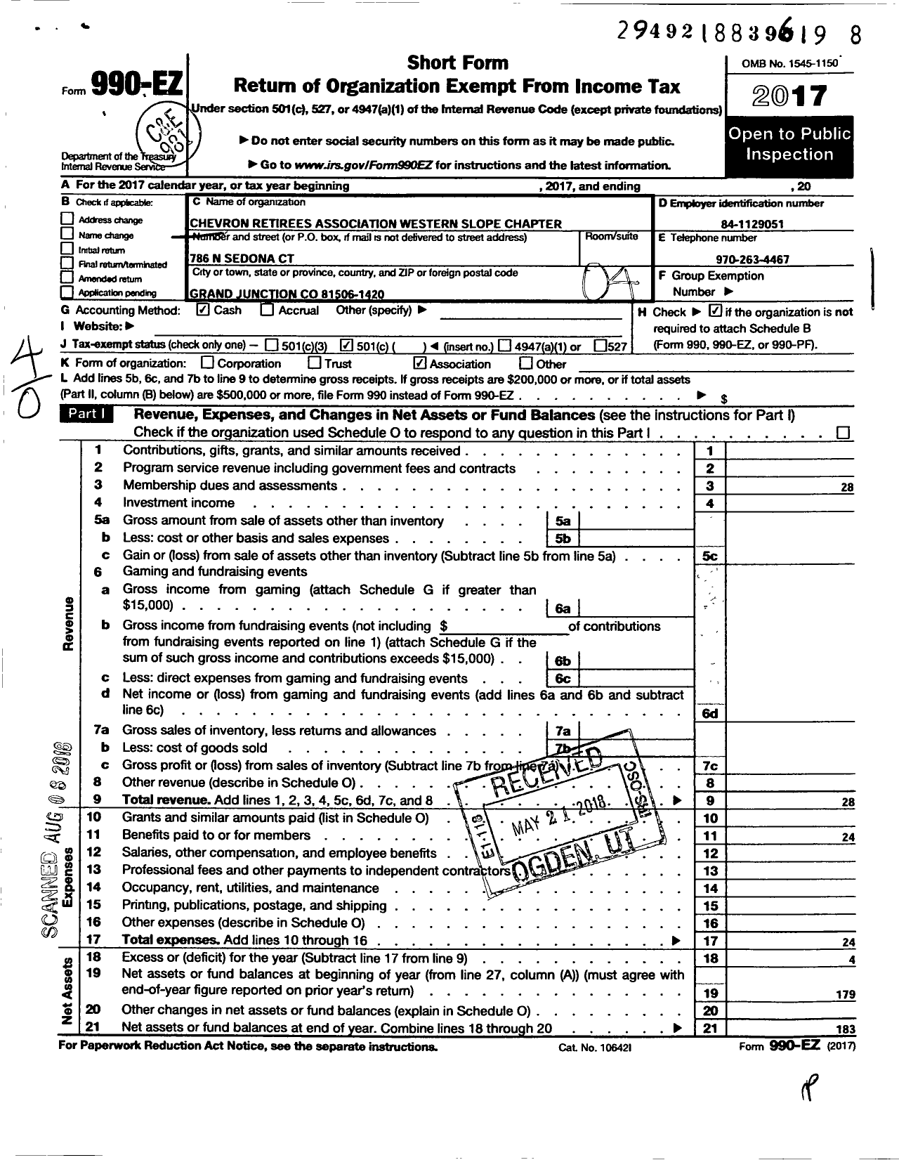 Image of first page of 2017 Form 990EO for Chevron Retirees Association / Western Slope Chapter