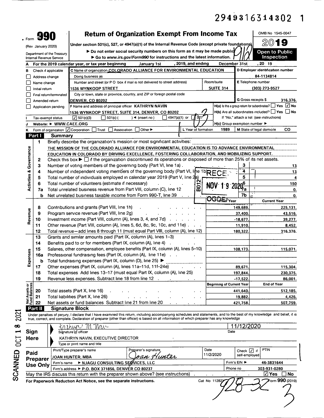 Image of first page of 2019 Form 990 for Colorado Alliance for Environmental Education