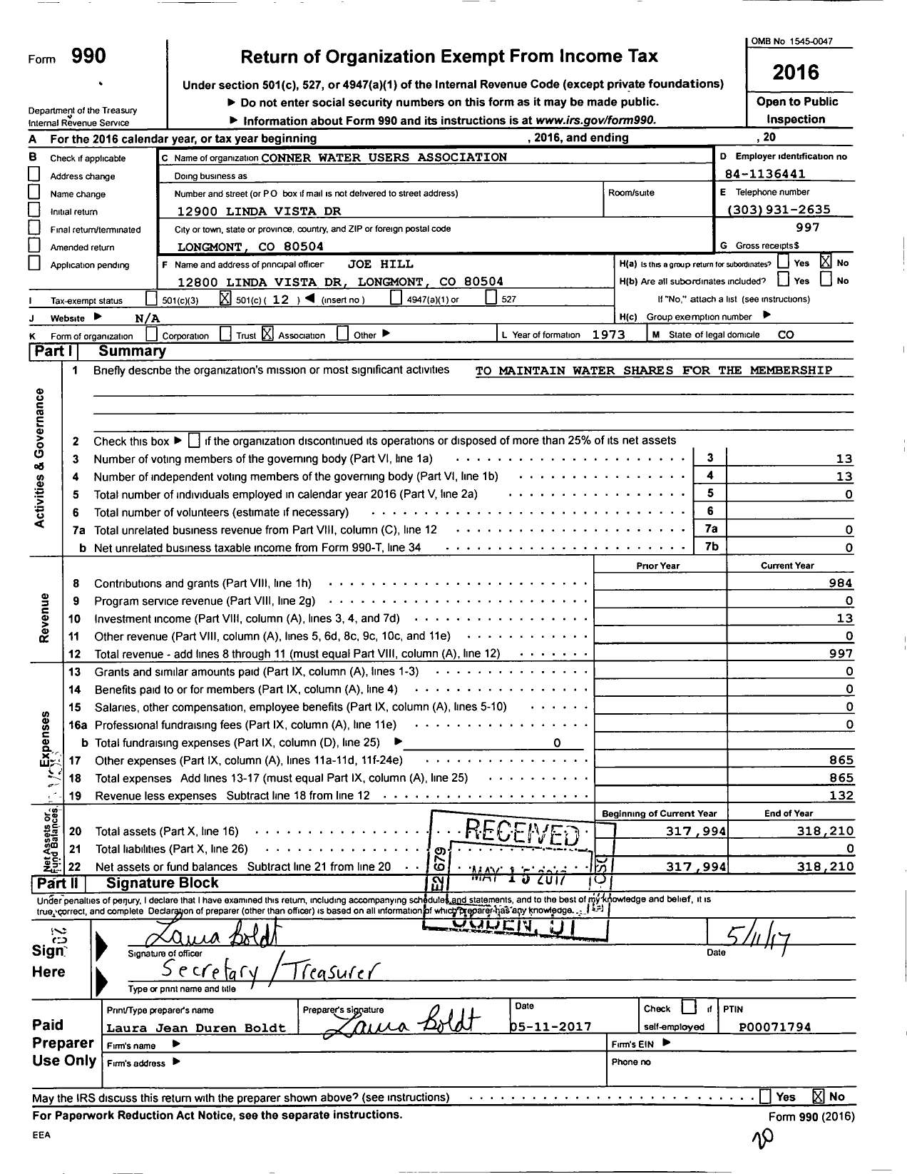 Image of first page of 2016 Form 990O for Conner Water Users Association