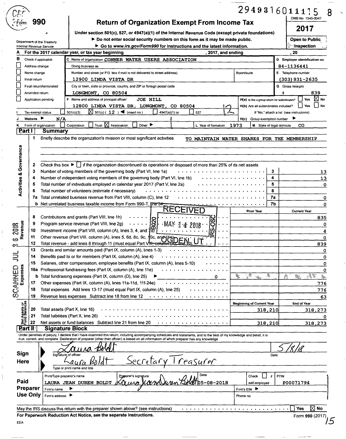 Image of first page of 2017 Form 990O for Conner Water Users Association