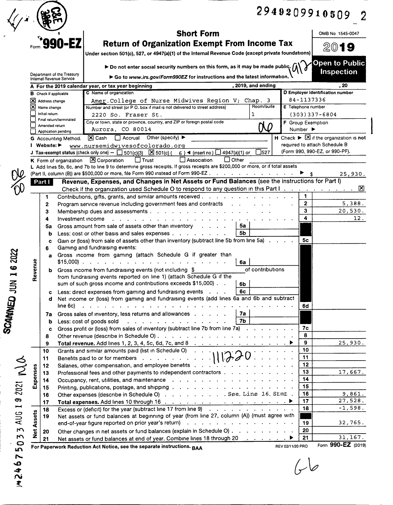 Image of first page of 2019 Form 990EO for AmerCollege of Nurse Midwives CO Affiliate