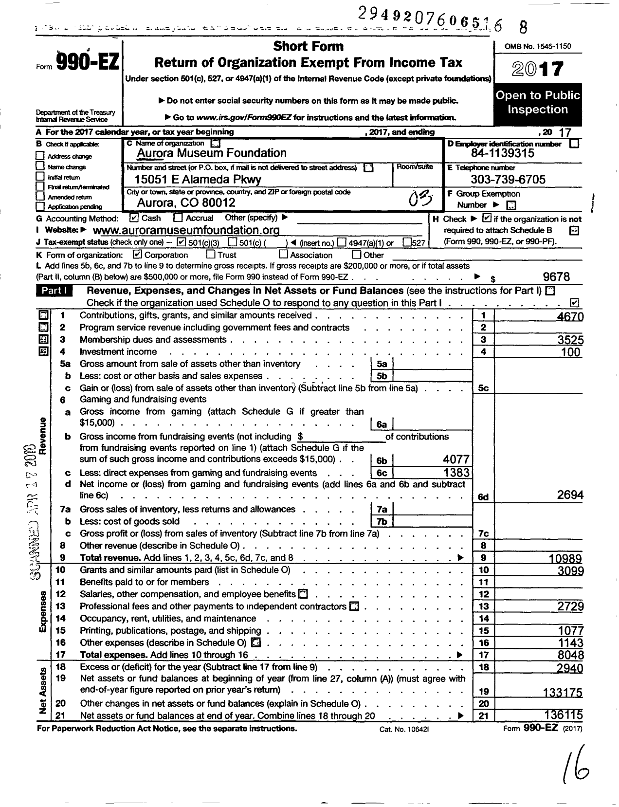 Image of first page of 2017 Form 990EZ for Aurora Museum Foundation