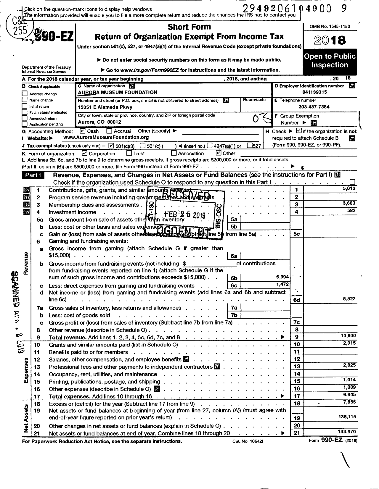 Image of first page of 2018 Form 990EZ for Aurora Museum Foundation