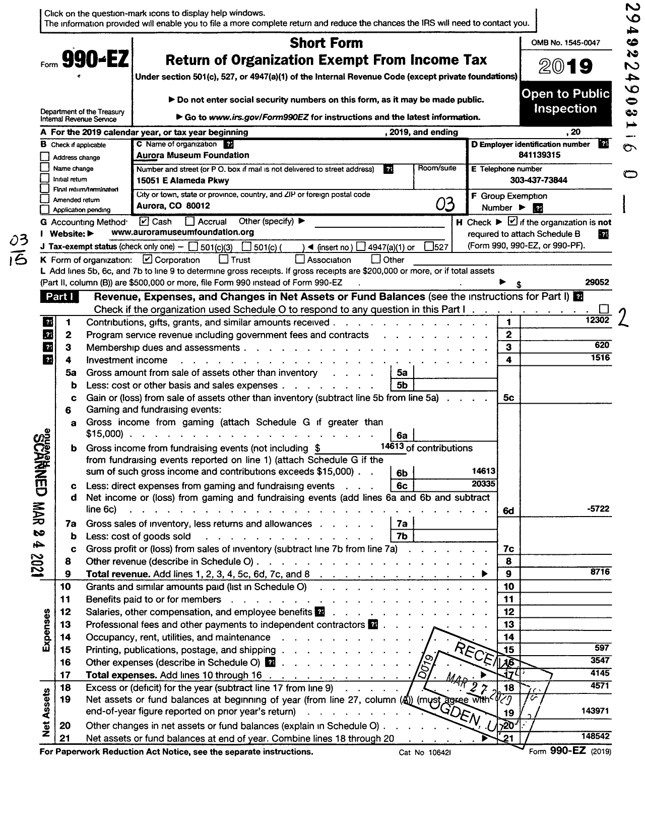 Image of first page of 2019 Form 990EZ for Aurora Museum Foundation