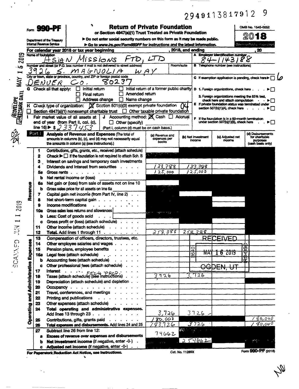 Image of first page of 2018 Form 990PF for Asian Missions Foundation