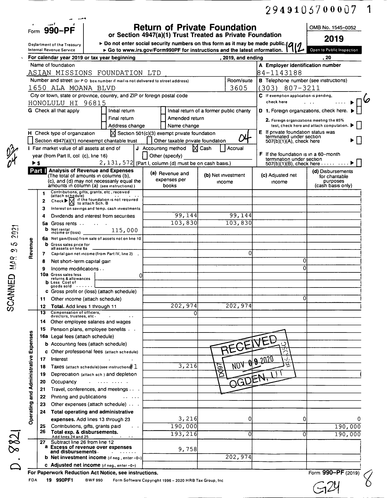 Image of first page of 2019 Form 990PF for Asian Missions Foundation