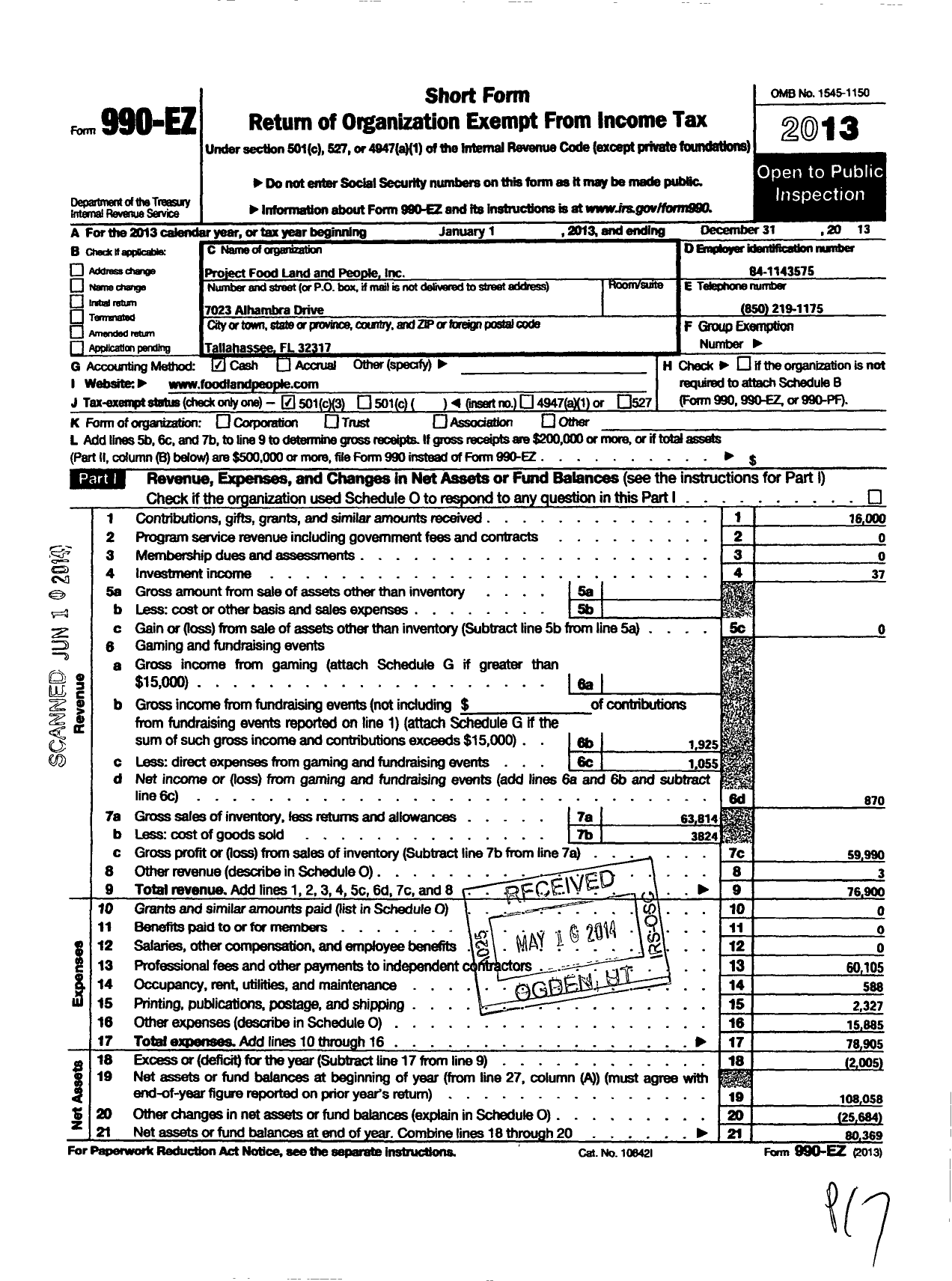 Image of first page of 2013 Form 990EZ for Project Food Land and People