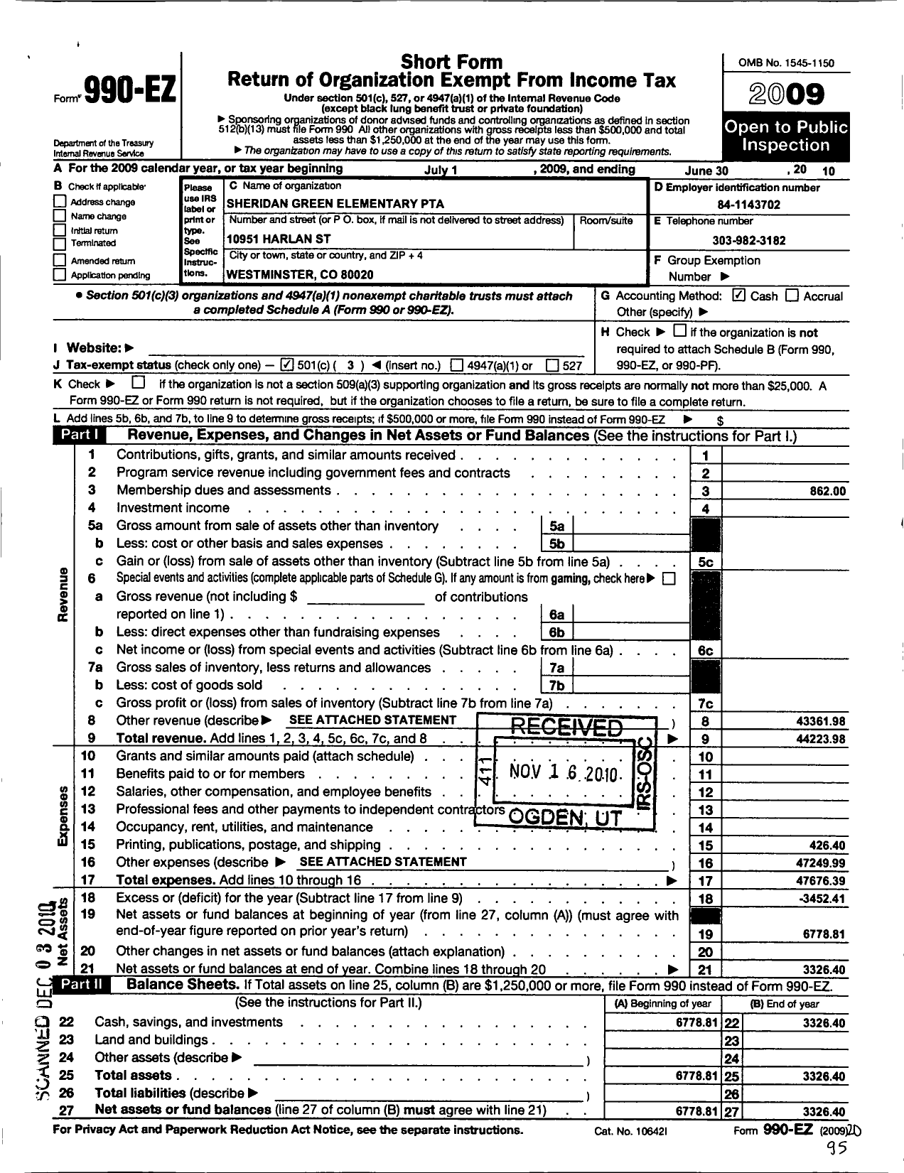 Image of first page of 2009 Form 990EZ for PTA Colorado Congress / Sheridan Green Elementary PTA